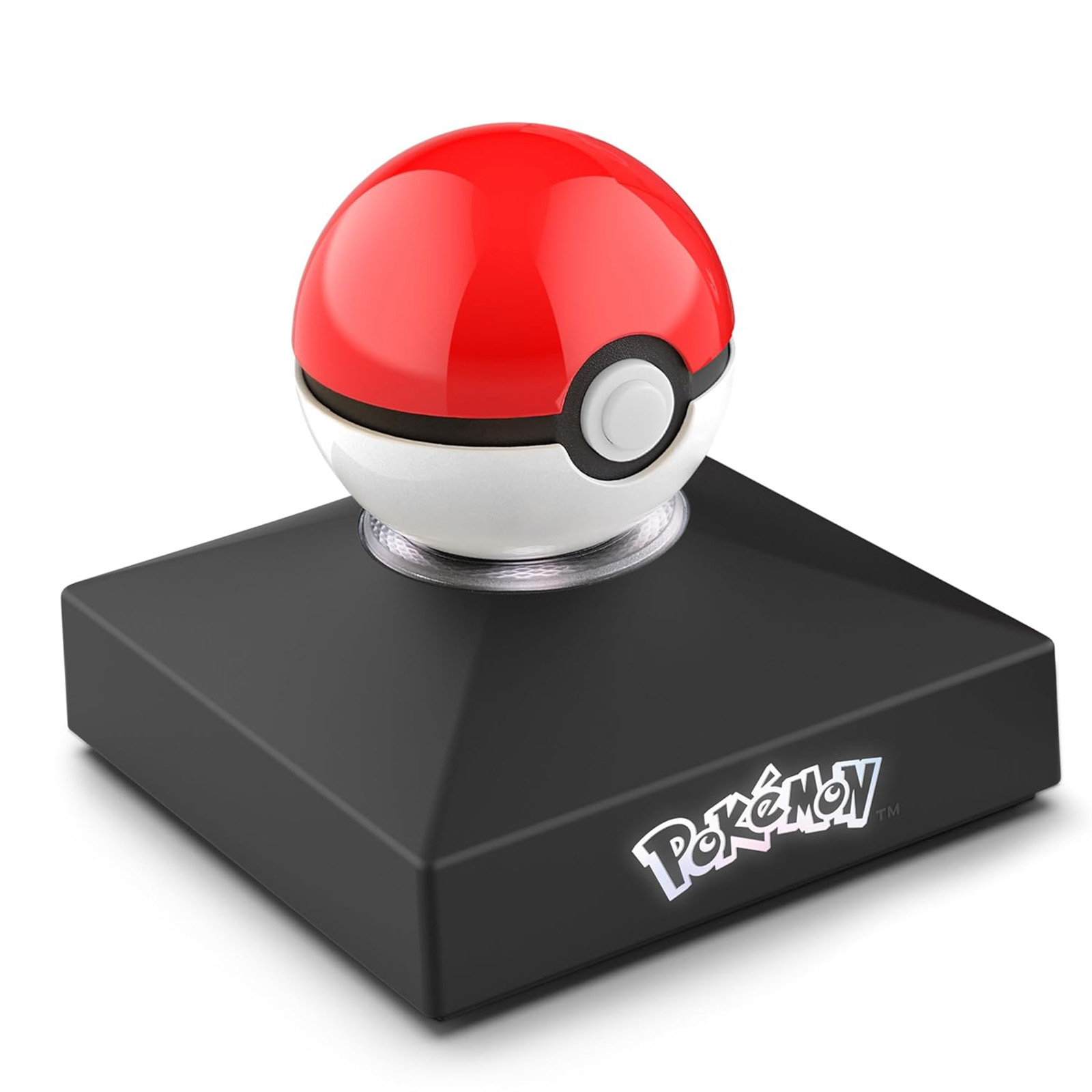 Ein roter und weißer Pokeball sitzt auf einer schwarzen Basis mit dem Pokemon-Logo.