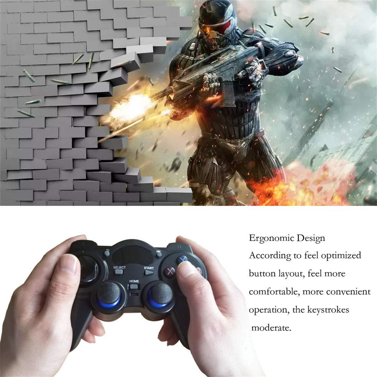 Ein Spieler hält einen schwarzen Controller, eine Backsteinmauer bricht im Hintergrund auseinander.
