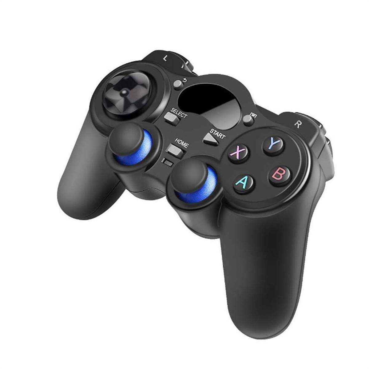 Schwarzer Gamecontroller mit blauen Knöpfen, auf weißem Hintergrund angewinkelt.
