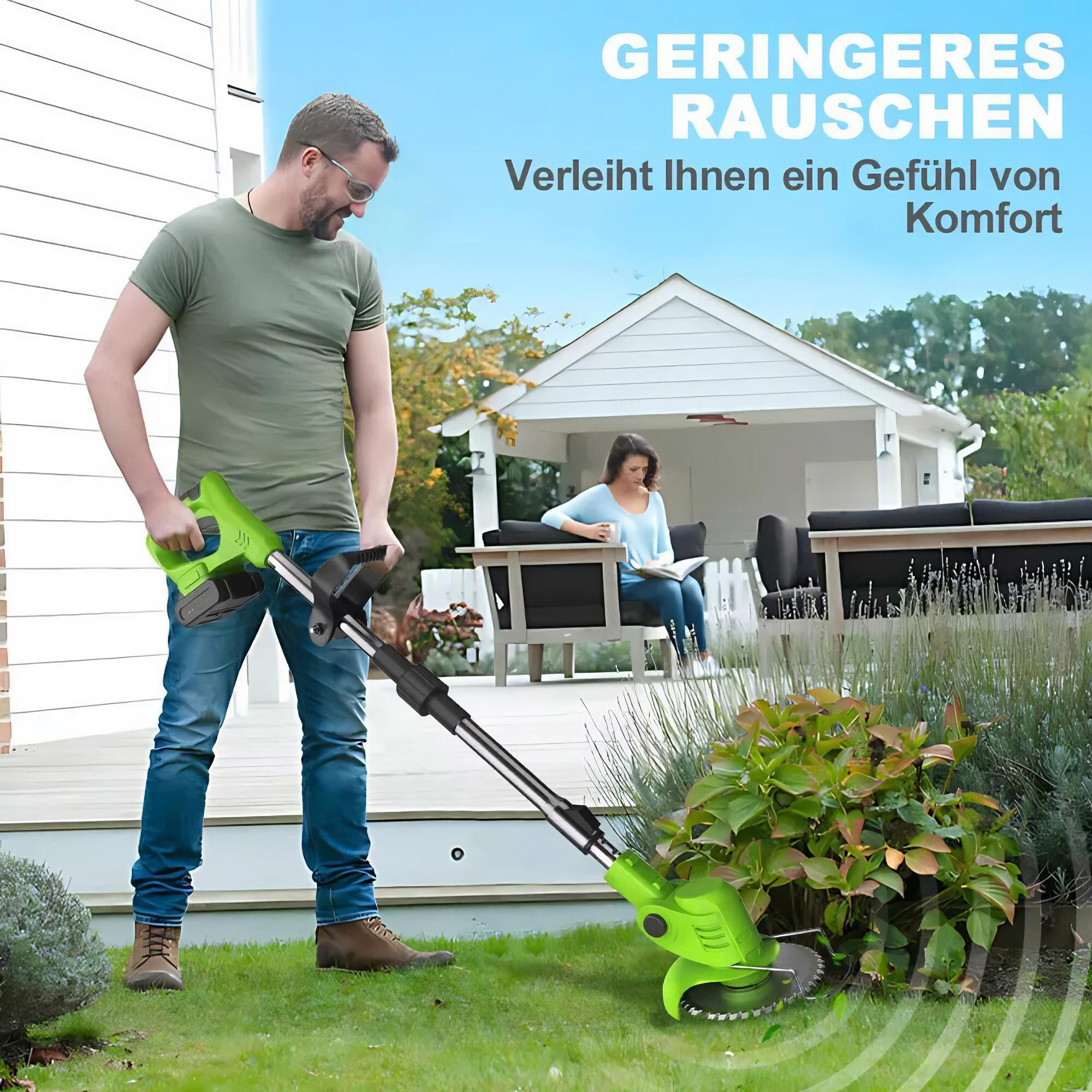 Ein Mann trimmt Gras mit einem grünen Trimmer. Eine Frau ist im Hintergrund.