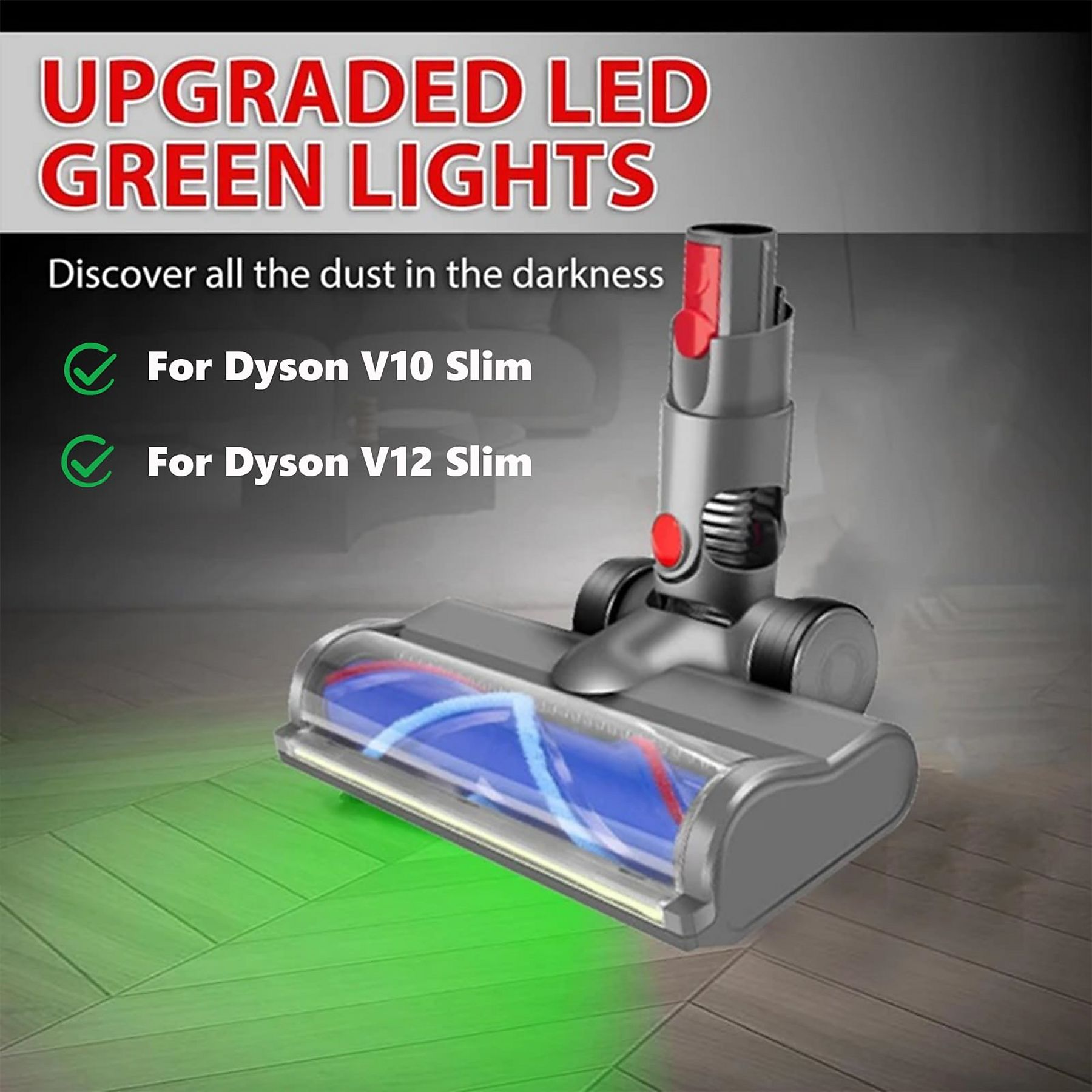 Grauer Staubsaugerkopf mit grünen LED-Leuchten und Text über Dyson-Modelle.