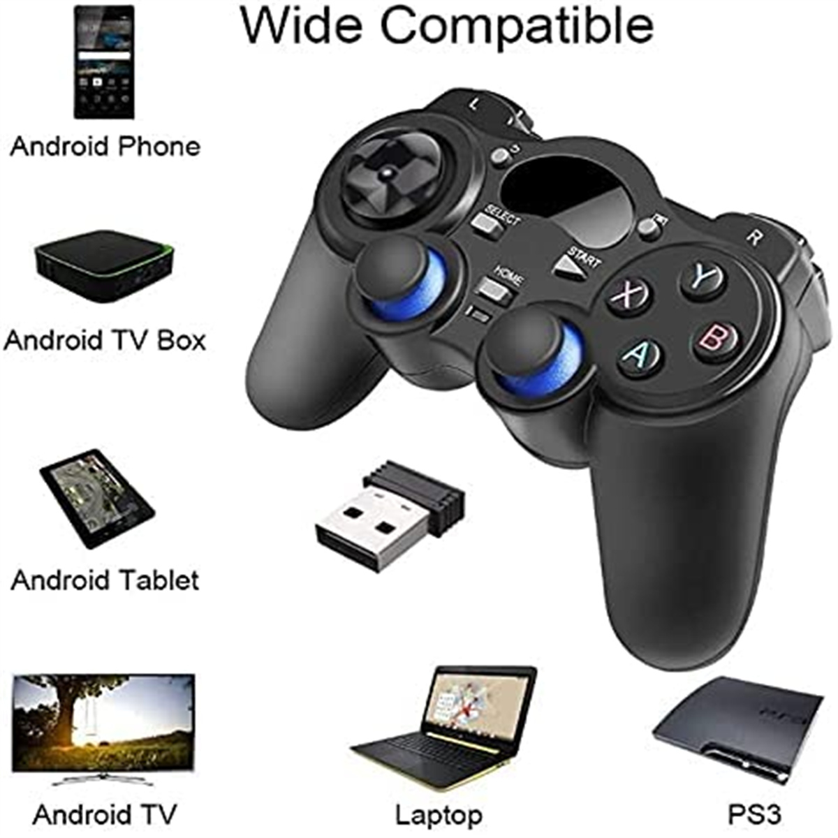 Ein schwarzer Gamecontroller mit Symbolen verschiedener Geräte: Android, Tablet, TV, PS3, Laptop.