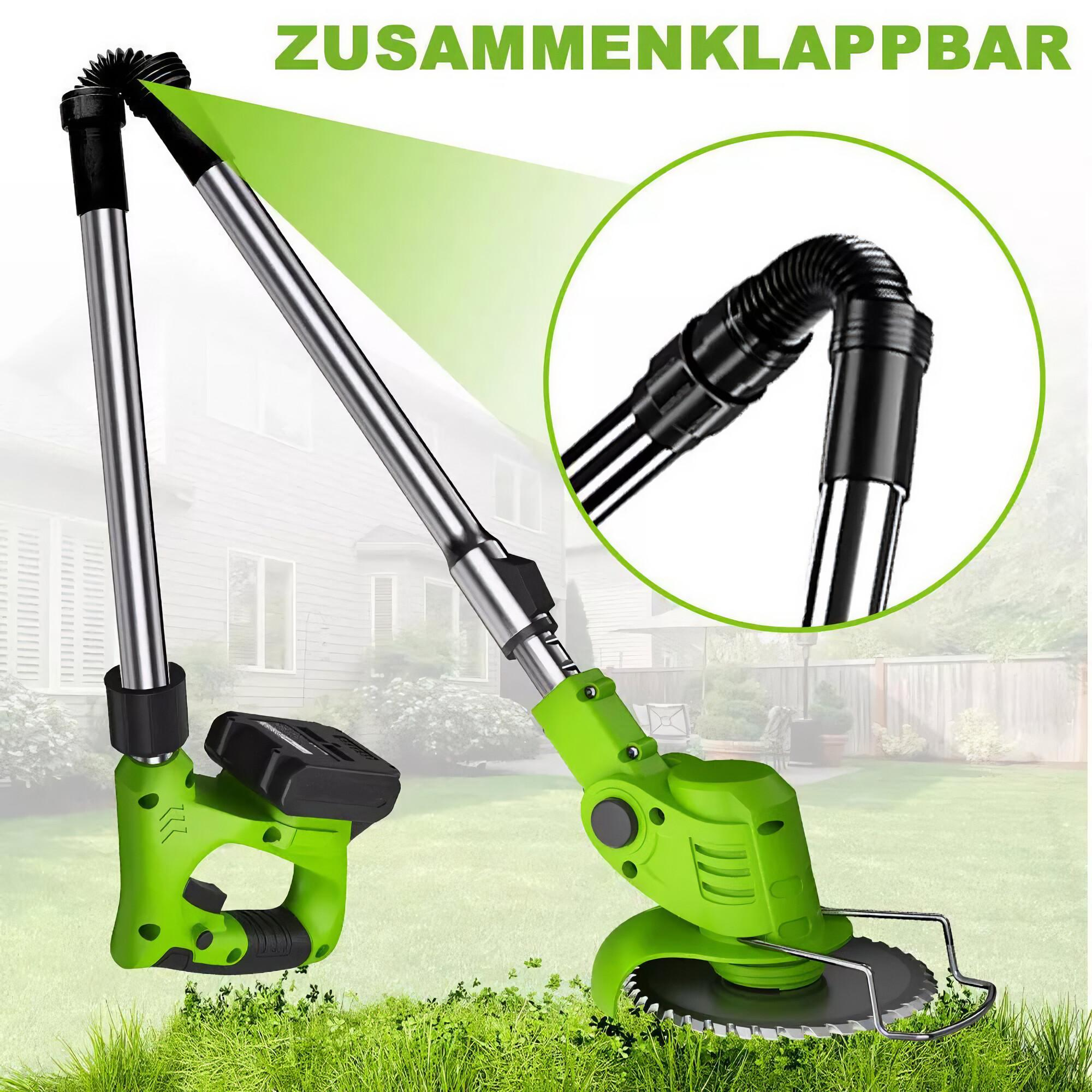 Grüner und silberner Rasentrimmer mit Text und Nahaufnahme der Klappfunktion.