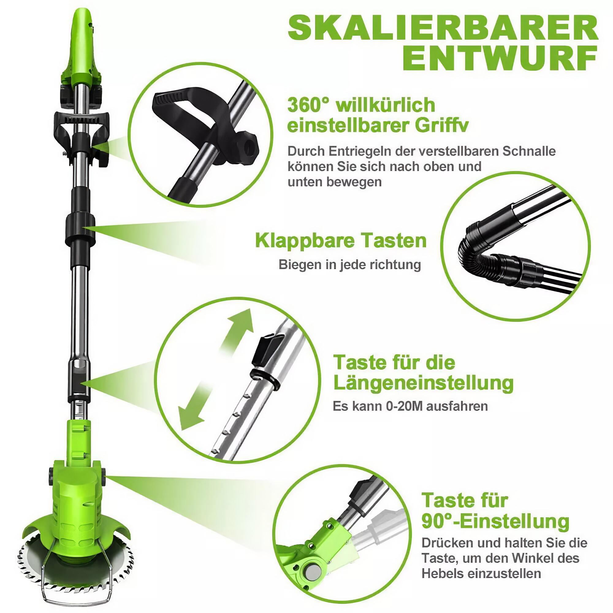 Grüner Rasentrimmer mit Text und Diagrammen, die die einstellbaren Funktionen hervorheben.