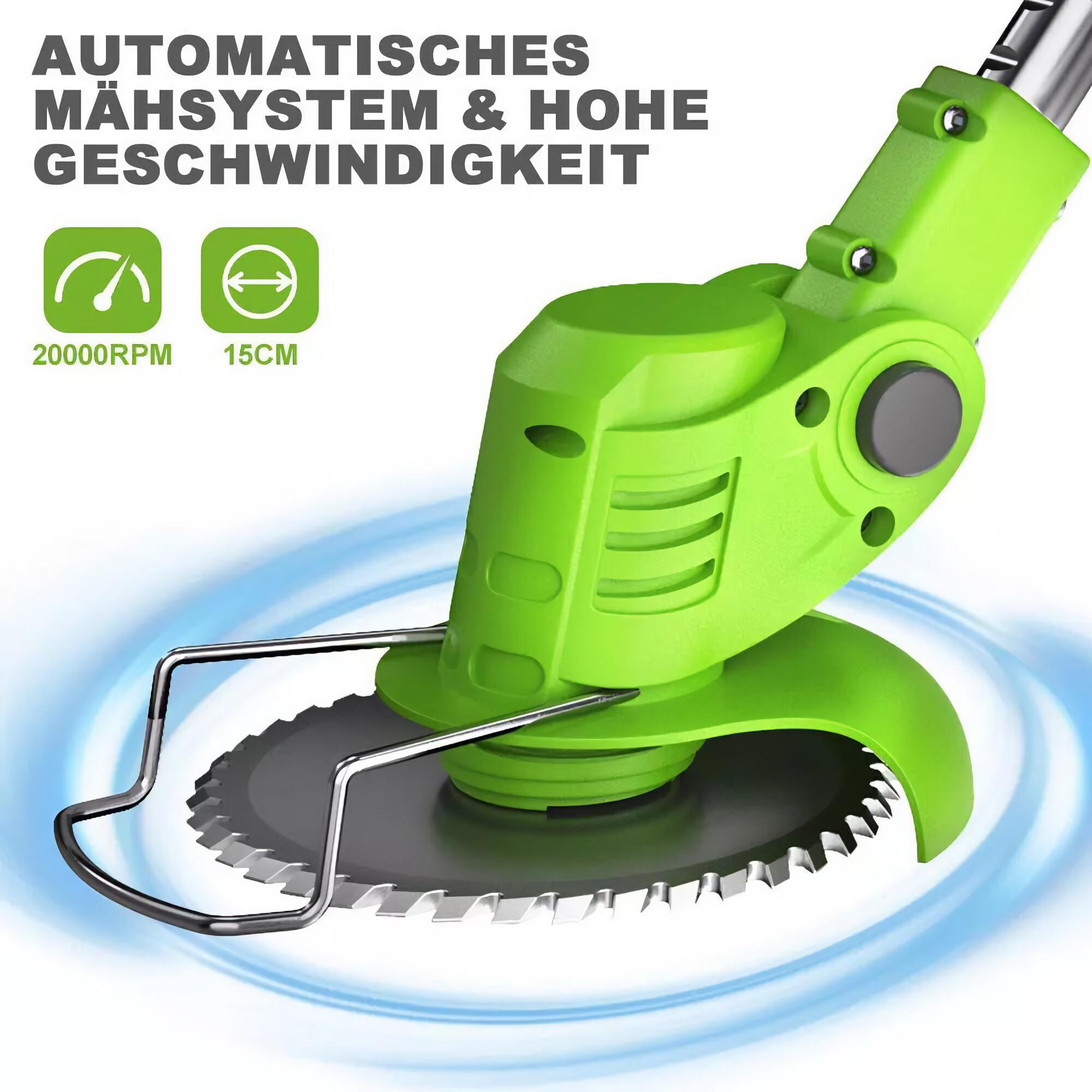Nahaufnahme des grünen Rasentrimmerkopfs, Text über Automatik und hohe Geschwindigkeit.