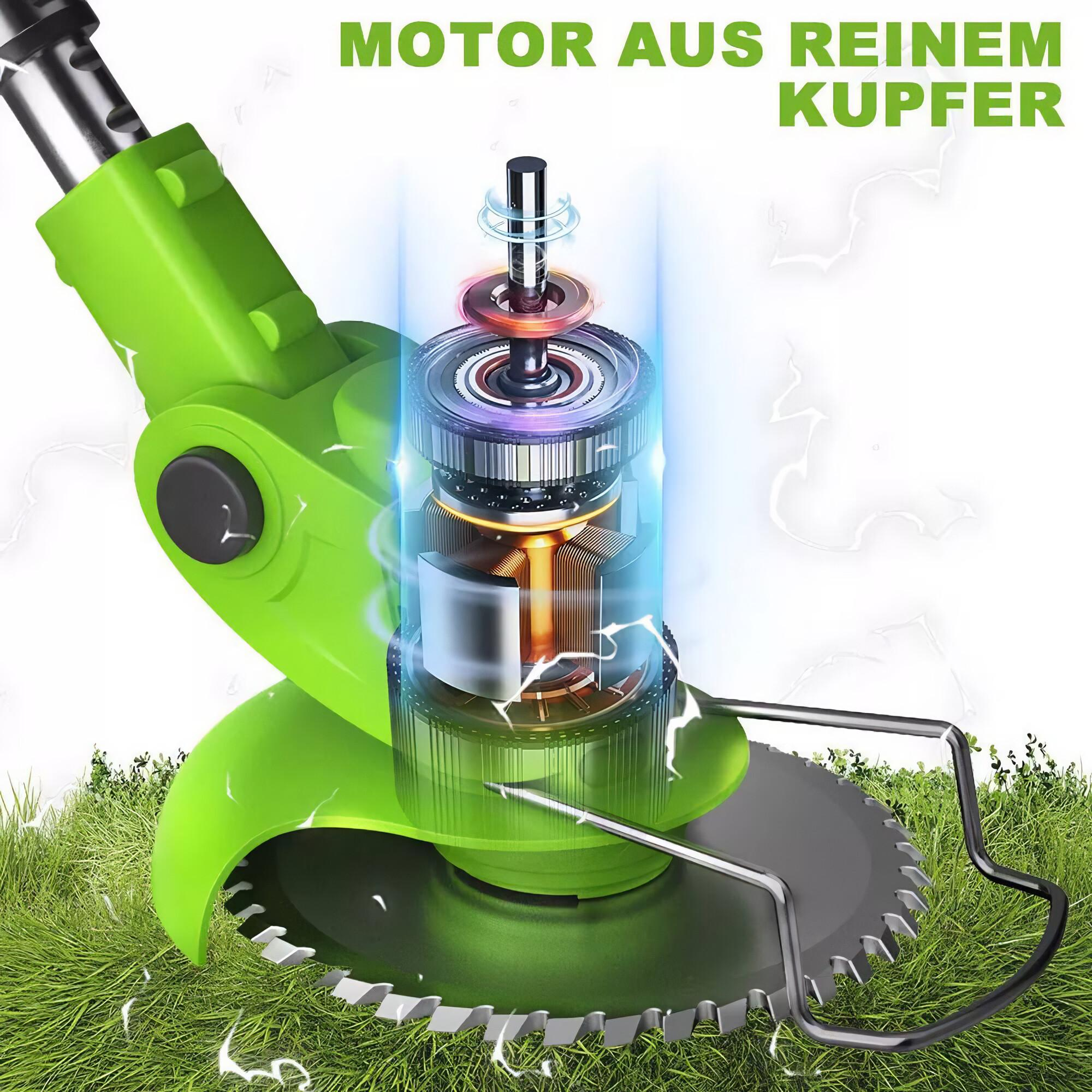 Grüner Rasentrimmerkopf mit Text, der einen Motor aus reinem Kupfer beschreibt.