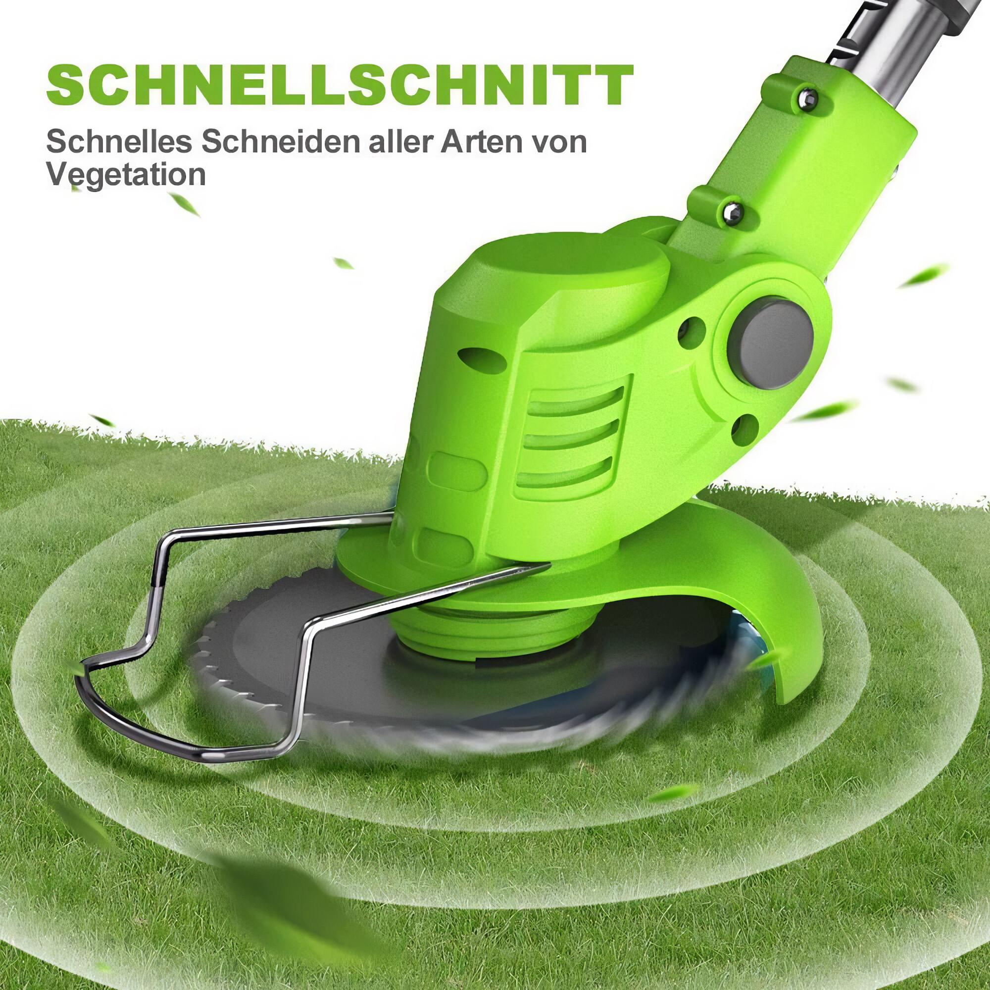 Grüner Rasentrimmerkopf schneidet Gras, mit Text über schnelles Schneiden.