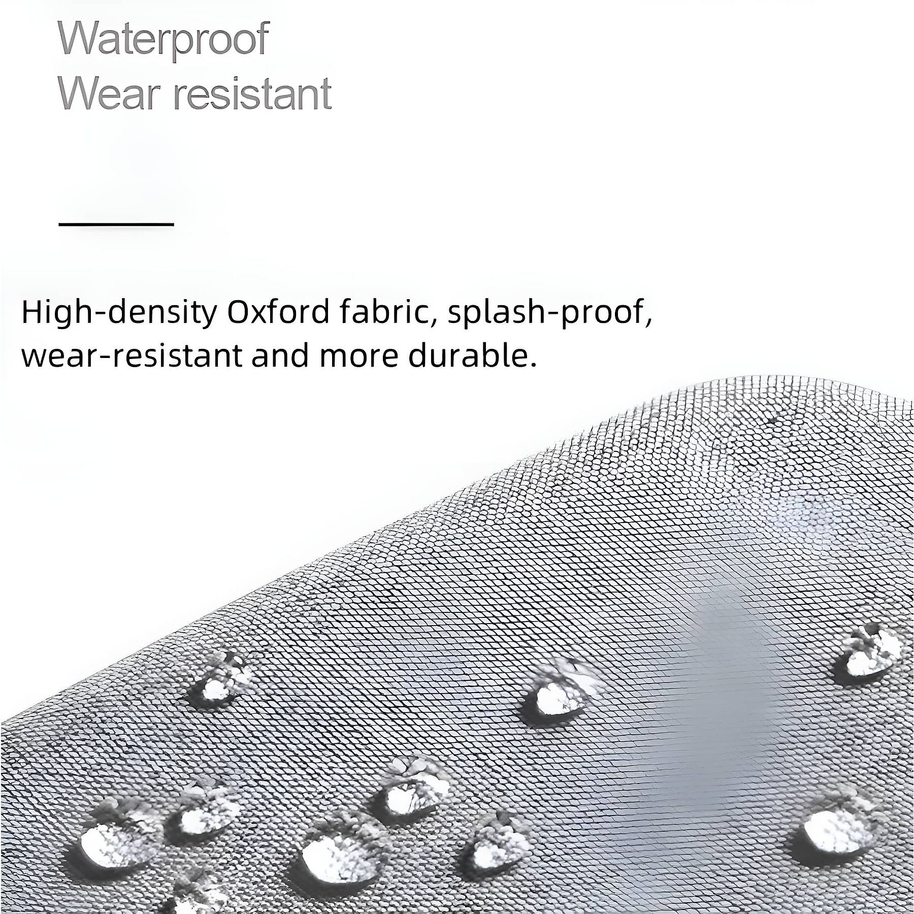 Nahaufnahme von grauem, wasserabweisendem Stoff mit Wassertropfen. Text: Wasserdicht, verschleißfest.