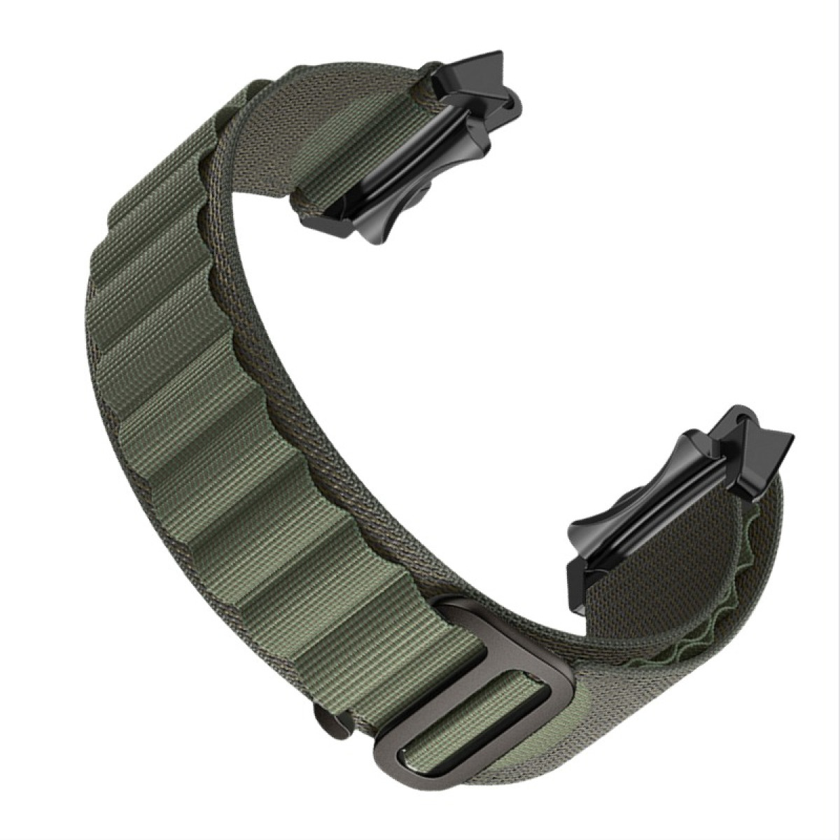 Olivgrünes Uhrenarmband mit geriffelter Textur und schwarzen Verschlüssen und Schnalle.