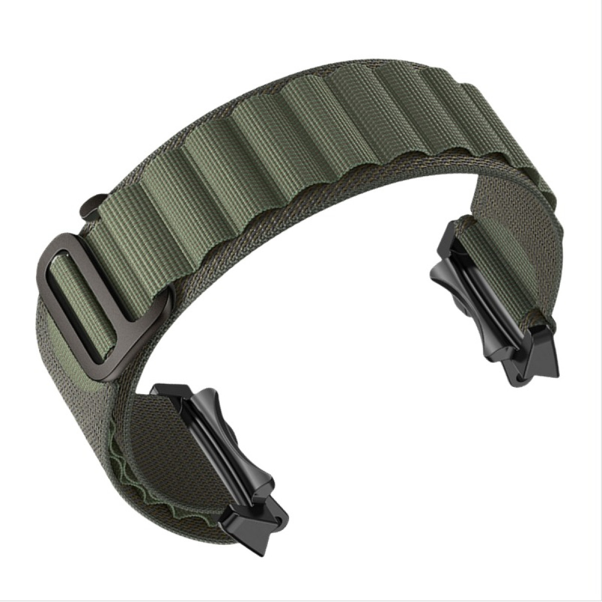 Grünes Uhrenarmband mit schwarzen Verschlüssen. Das Armband ist gewebt. Die Verschlüsse sind schwarz.