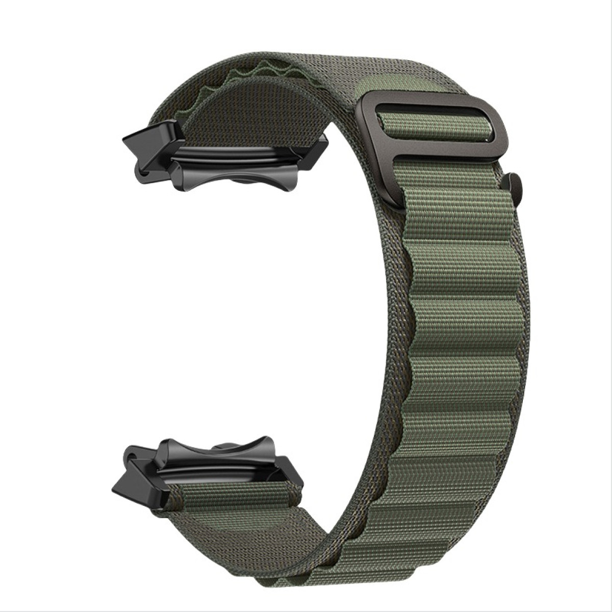 Olivgrünes Uhrenarmband mit geriffelter Textur und schwarzen Verschlüssen und Schnalle.