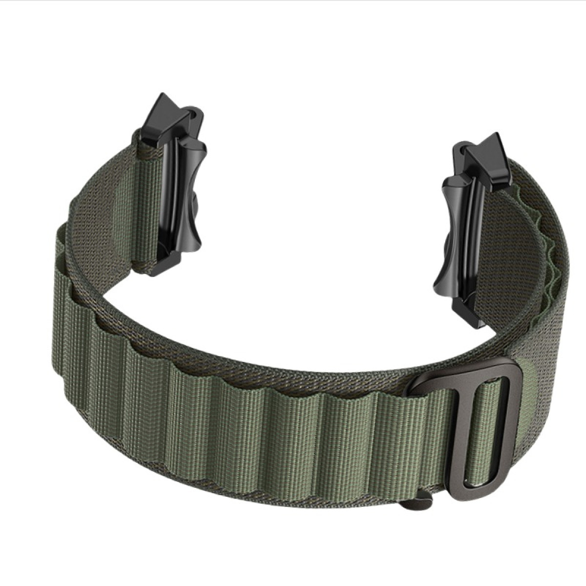 Olivgrünes Uhrenarmband mit geriffelter Textur und schwarzen Verschlüssen und Schnalle.
