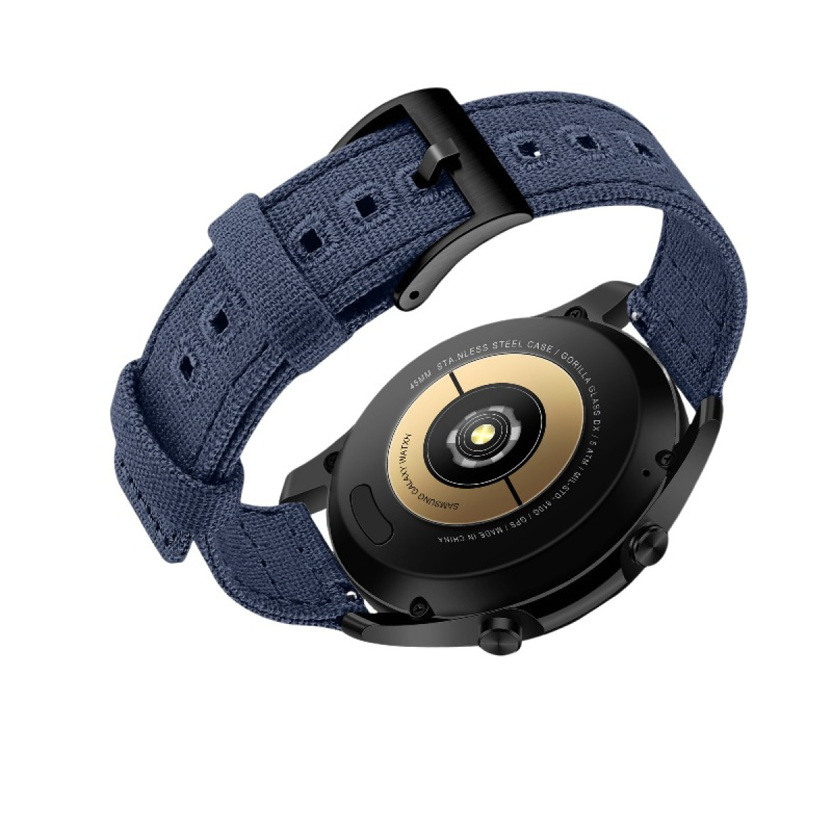 Nahaufnahme einer schwarzen Uhr mit blauem Armband. Die Rückseite der Uhr ist sichtbar.