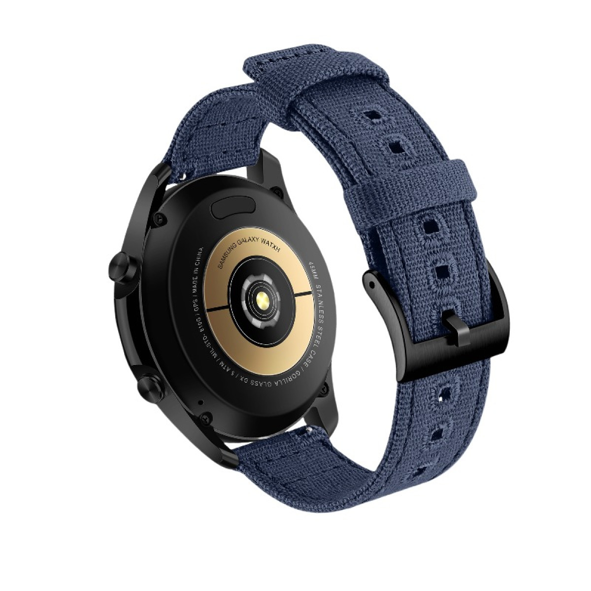 Schwarze Smartwatch mit blauem Armband. Schwarze Schließe.