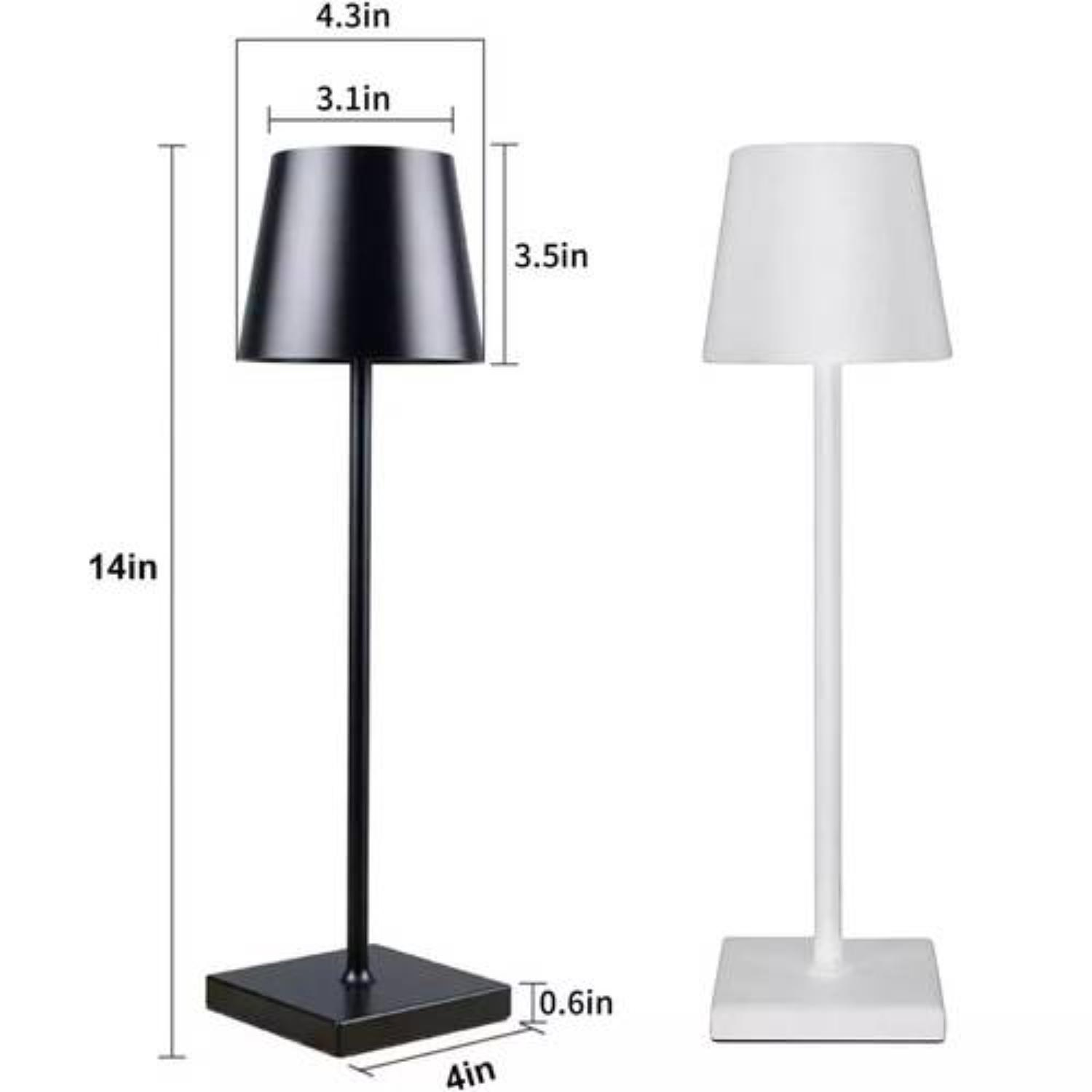 Zwei Lampen, eine schwarze und eine weiße, mit Maßen. Die Abmessungen sind in Zoll angegeben.