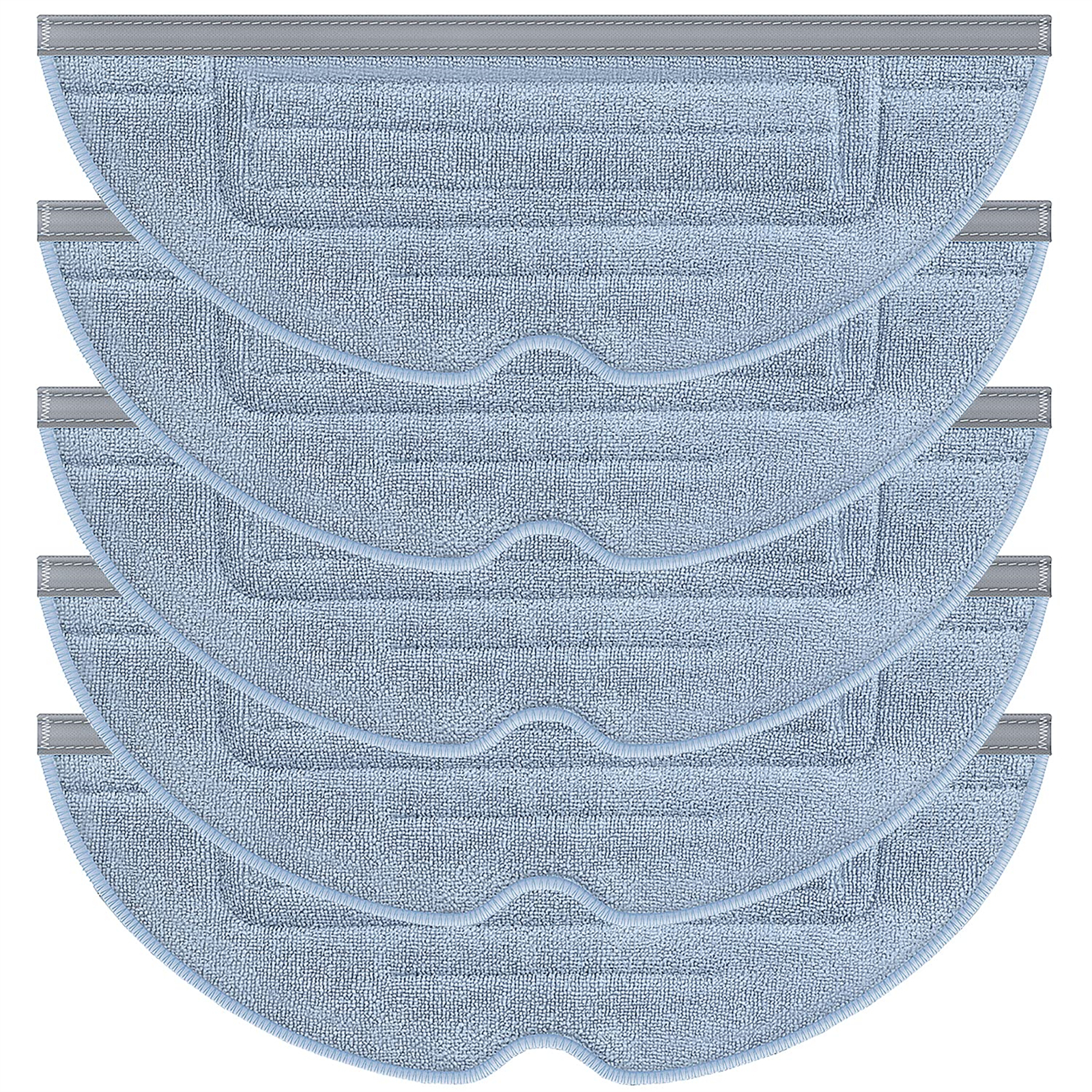 Fünf hellblaue Mopp-Pads mit grauem Rand. Die Pads haben eine einzigartige Form.