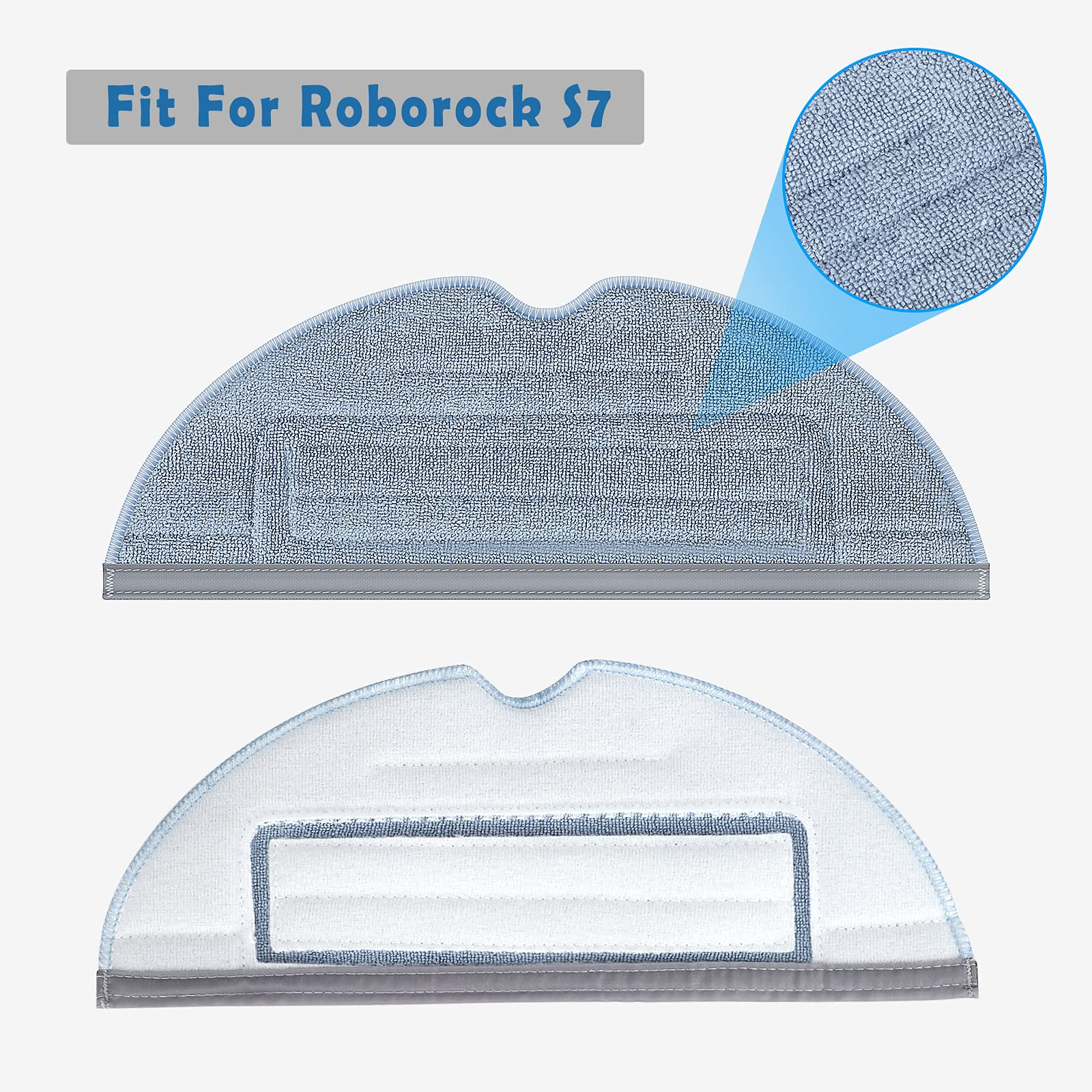 Zwei Wischtücher, eines neu und eines gebraucht, mit Nahaufnahme. Text: Fit For Roborock S7.