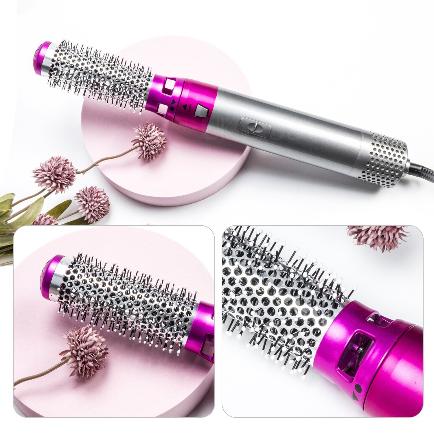 Haarstyler mit rotierendem Bürstenkopf, silber-pinkes Farbschema.