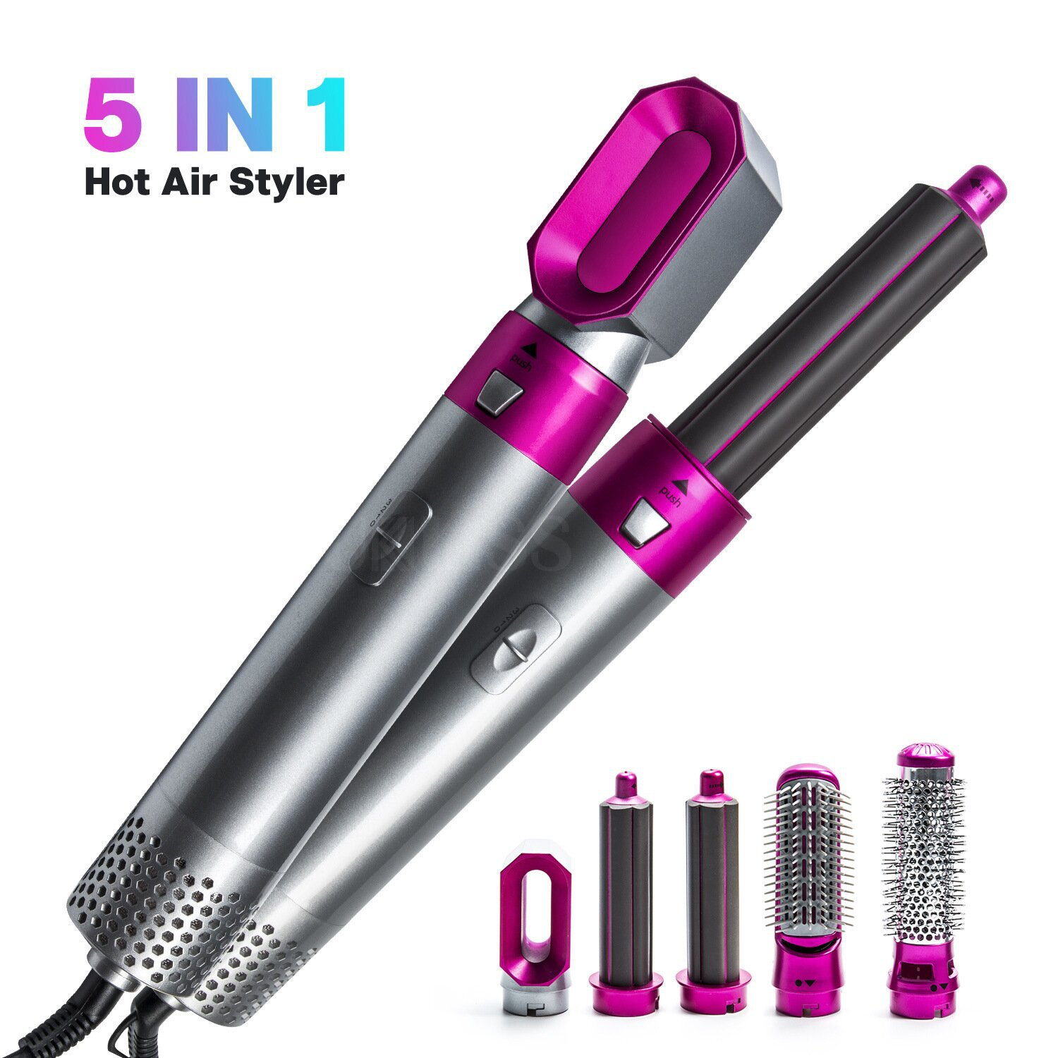 5-in-1-Heißluftstyler, Silber und Pink, mit verschiedenen Styling-Aufsätzen.