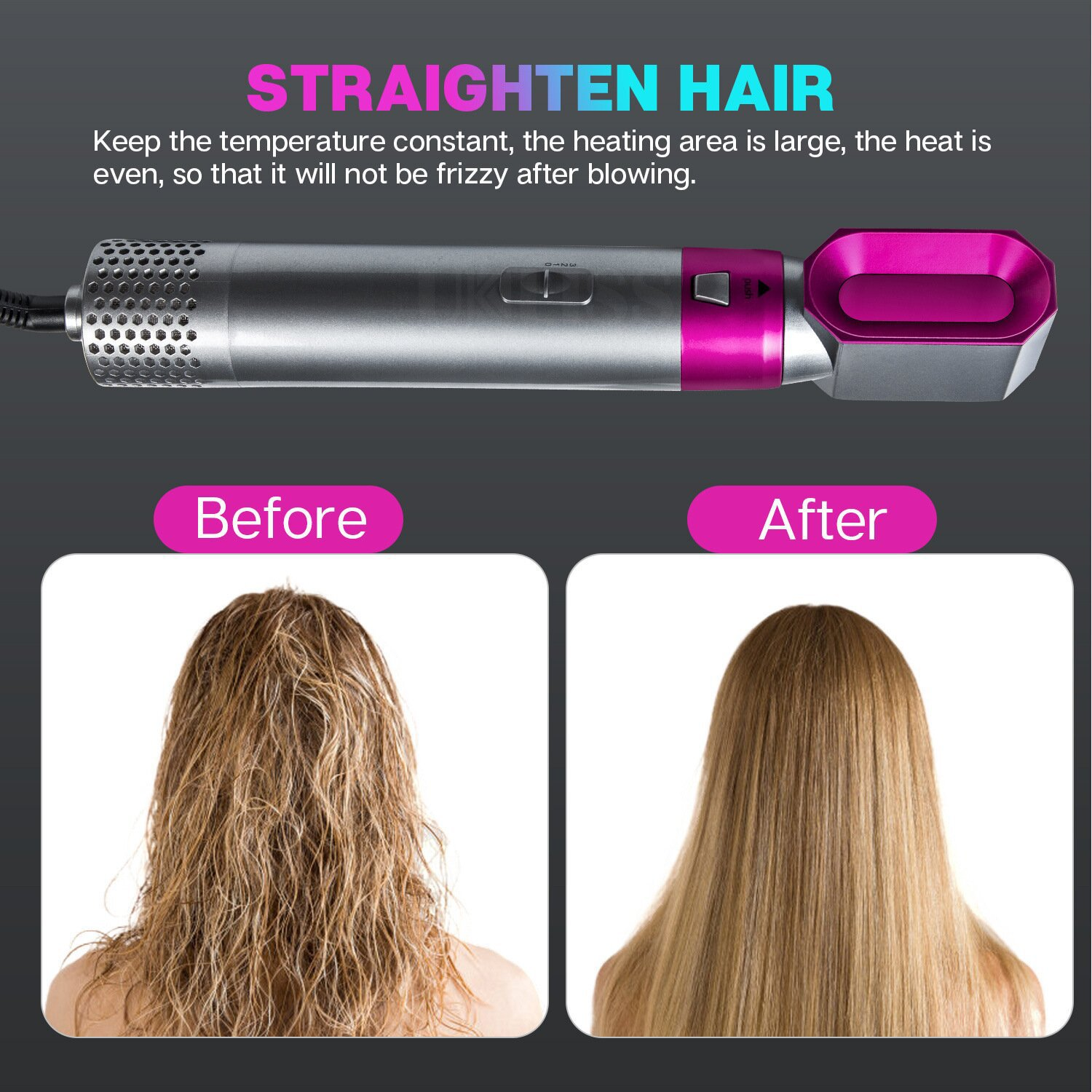 Bild zum Haarstyling. Vorher, krauses Haar; nachher, geglättetes Haar. Ein Haarglätter ist auch sichtbar.