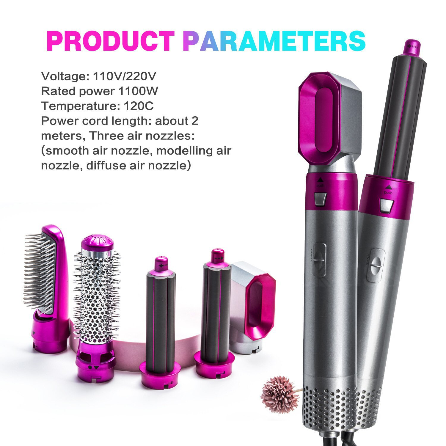 Haarstyler mit Aufsätzen und Produktparametern, Text und Diagramm.
