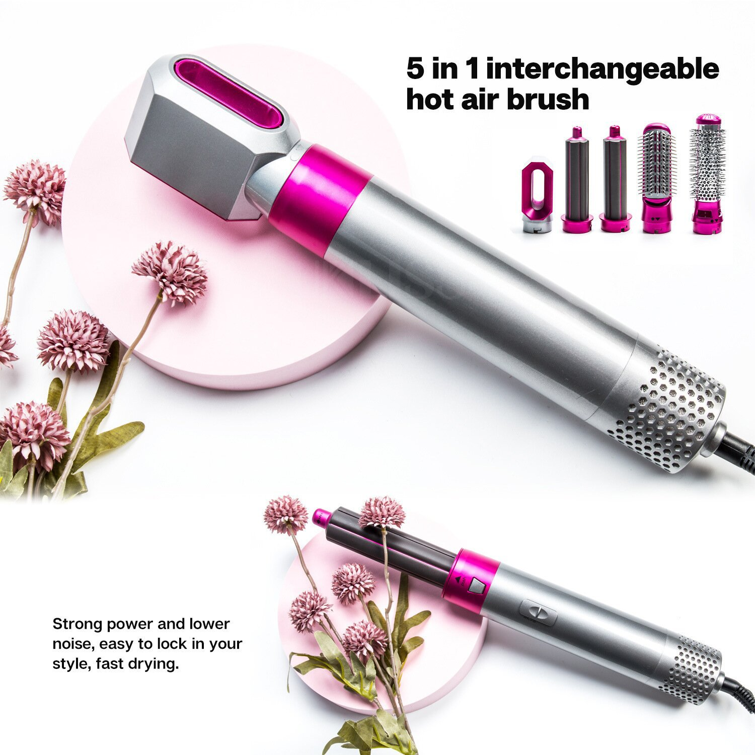 Haarstyler mit Aufsätzen, pinke Akzente, auf dekorativem rosa Ständer.