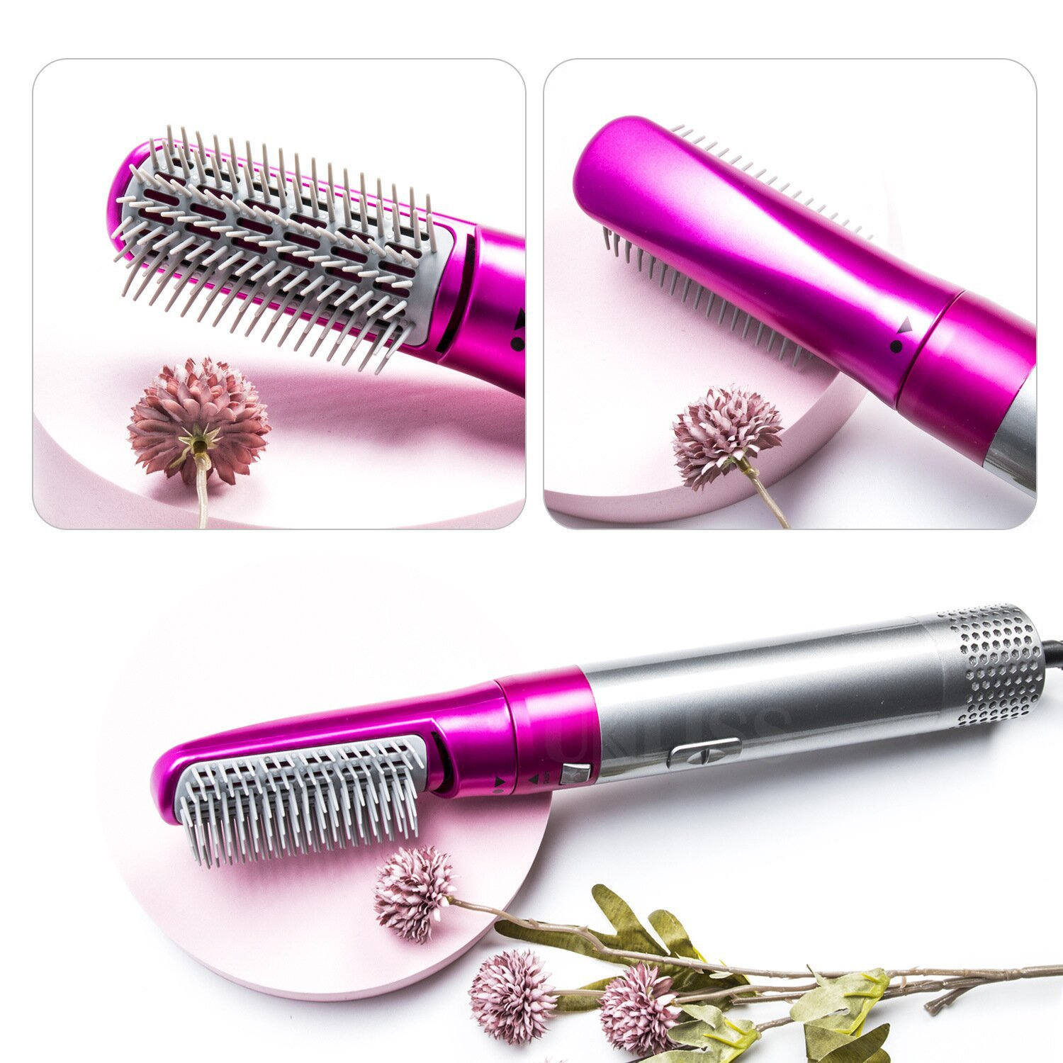 Drei Bilder eines rosa-silbernen Haarstyling-Tools mit verschiedenen Bürstenaufsätzen und weißem Hintergrund.