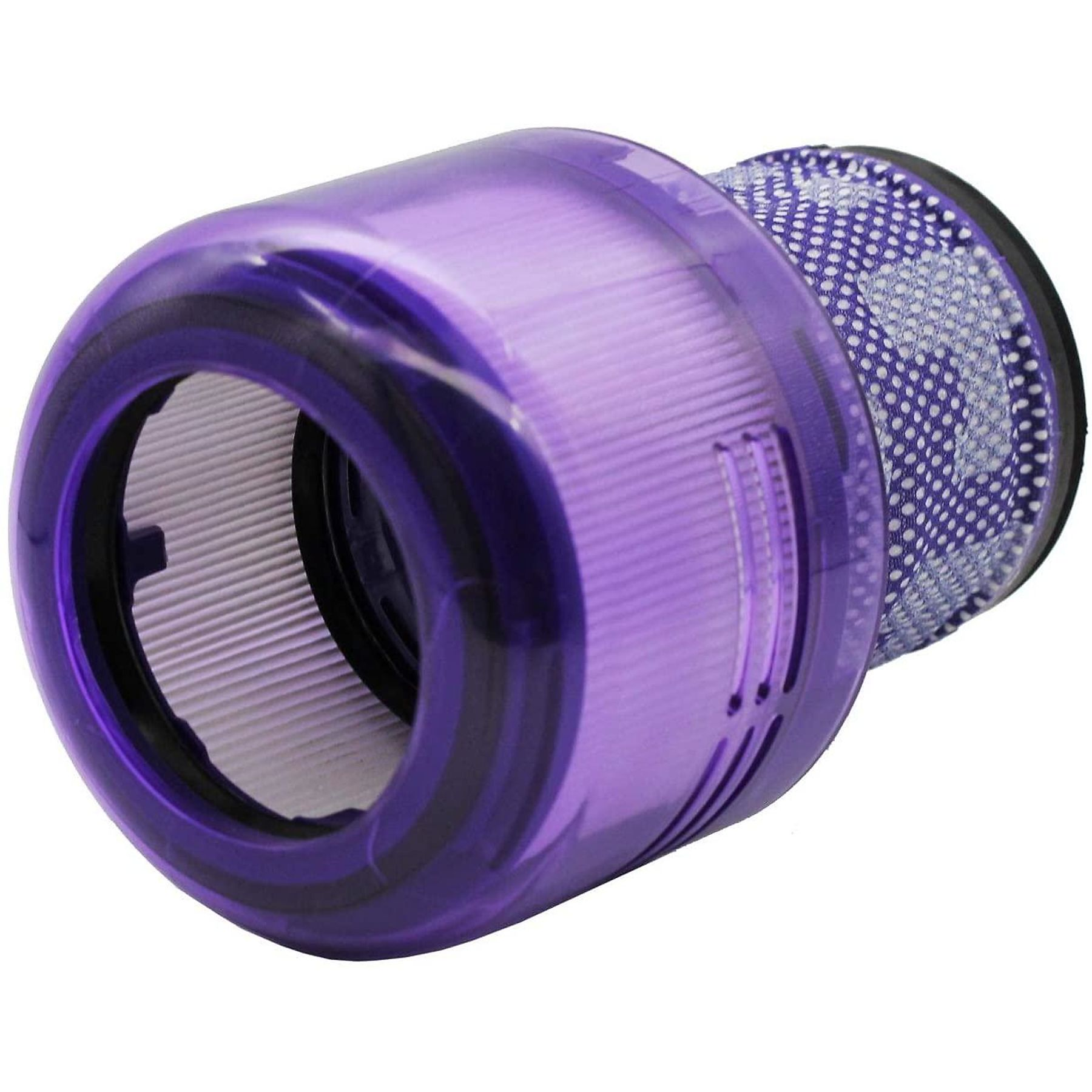 Nahaufnahme eines violetten Staubsaugerfilters. Zeigt das Netz des Filters und den weißen Innenfilter.