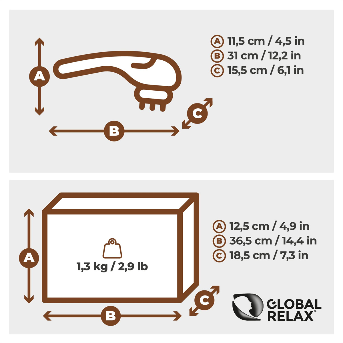 Diagramm eines Geräts mit Abmessungen in cm und Zoll. Ein griffartiges Objekt ist abgebildet.