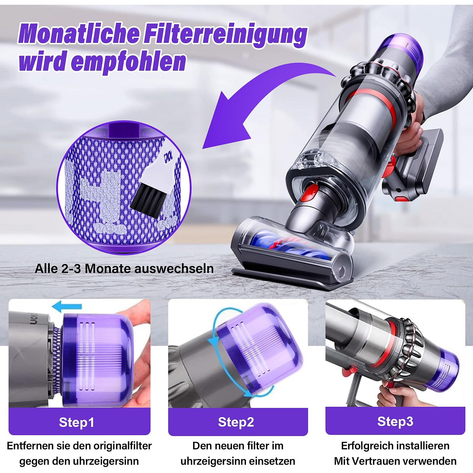 Diagramm zur Reinigung eines Staubsaugerfilters. Es zeigt Schritte zum Filteraustausch.