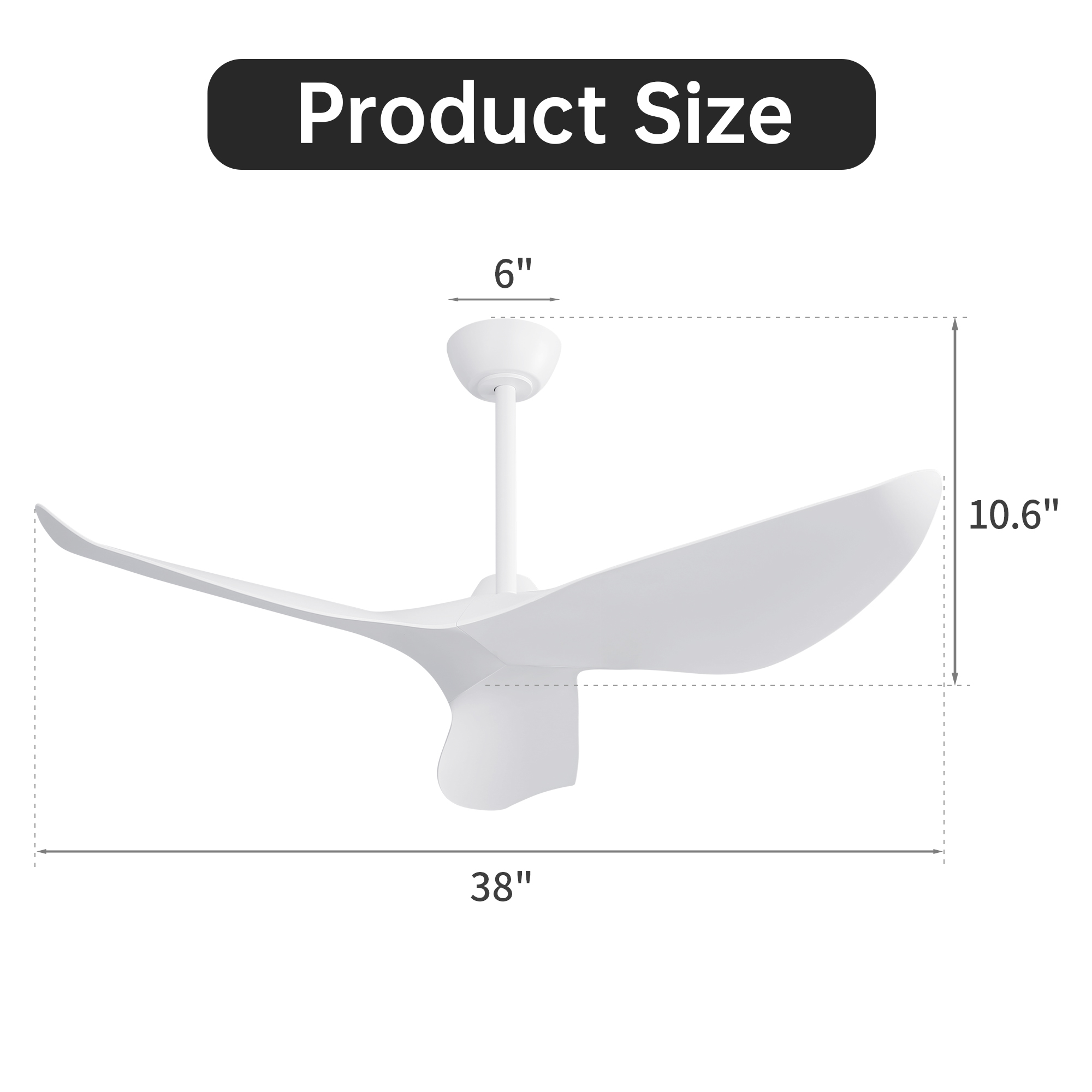 Ein weißer Deckenventilator mit den Maßen: 38" breit, 6" Durchmesser und 10,6" hoch.