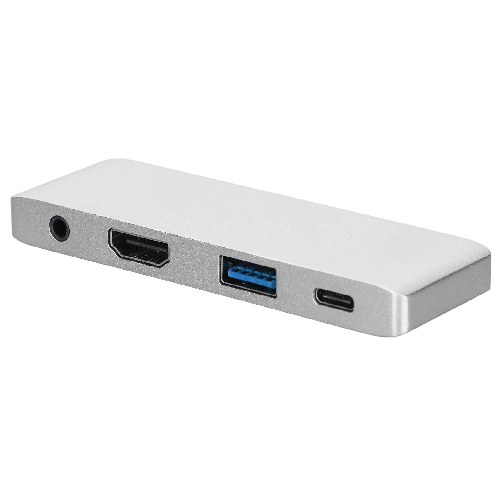 Ein silberner Hub mit Anschlüssen für Audio, HDMI, USB und USB-C.