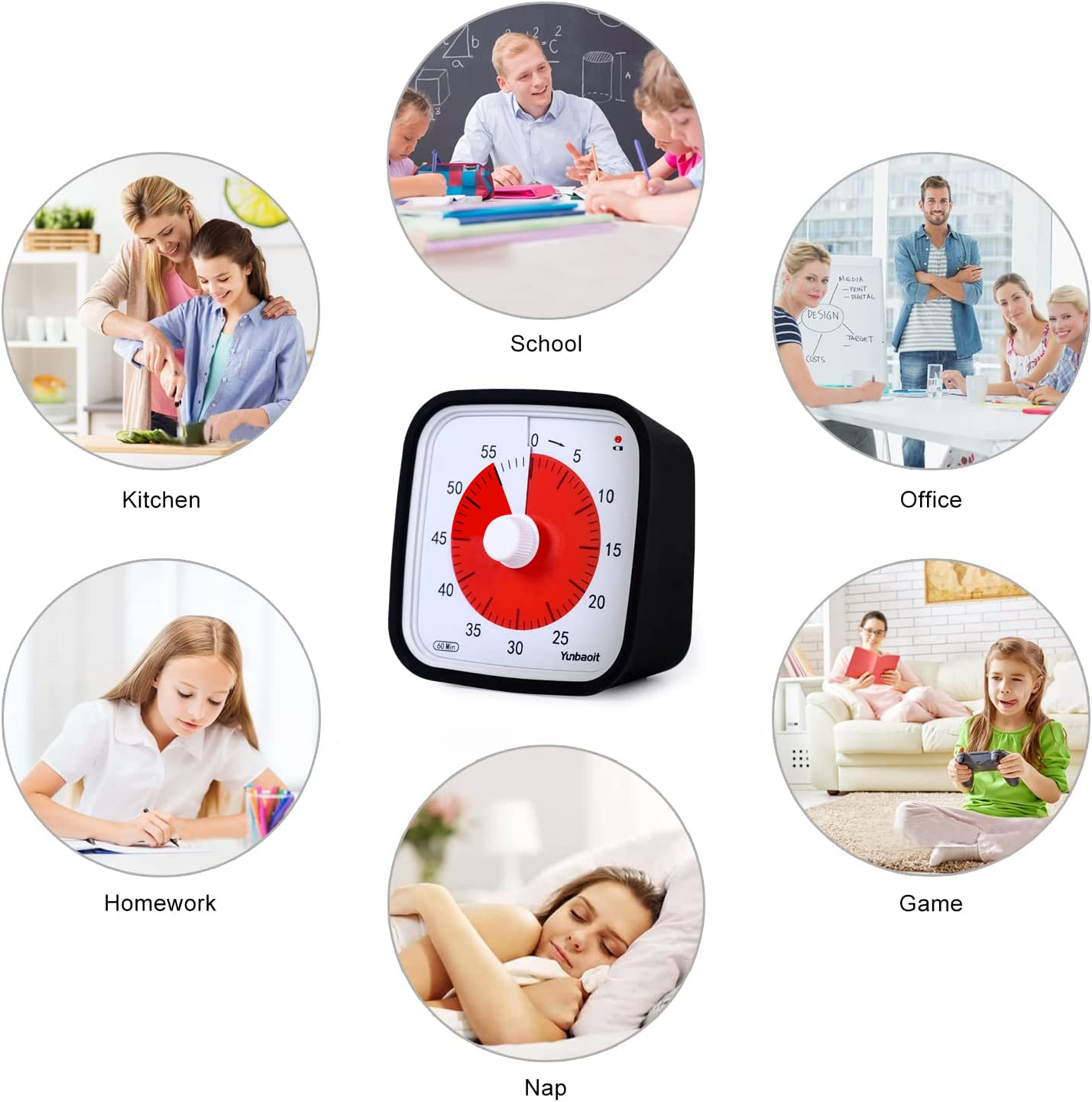 Ein schwarzer Timer mit verschiedenen Szenen: Küche, Schule, Büro, Hausaufgaben, Spiel und Nickerchen.