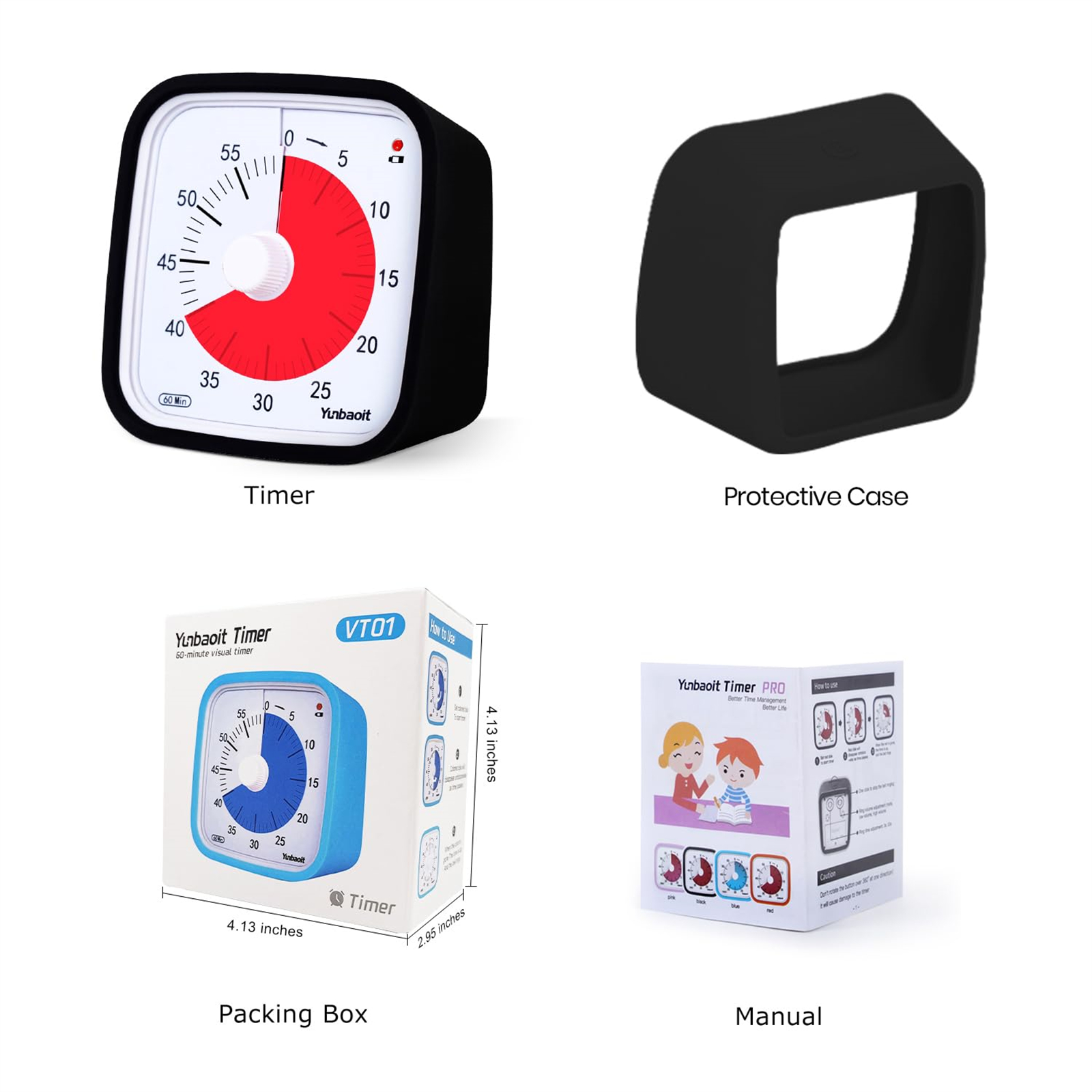 Ein Timer, eine Schutzhülle, eine Verpackung und eine Bedienungsanleitung.