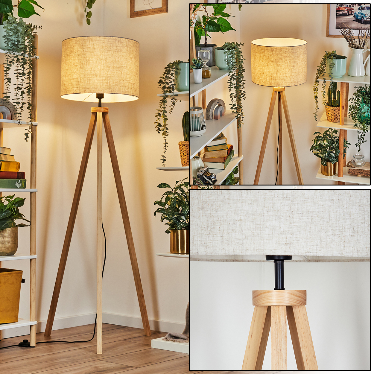 Zwei Lampen mit beigen Schirmen und hölzernen Stativbeinen. Der Hintergrund zeigt Regale und Pflanzen.