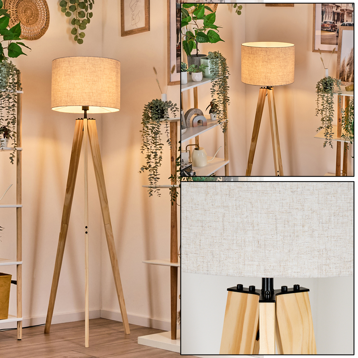Eine Stehlampe mit hellfarbenem Lampenschirm, mit Pflanzen, Regalen und Detailansicht.