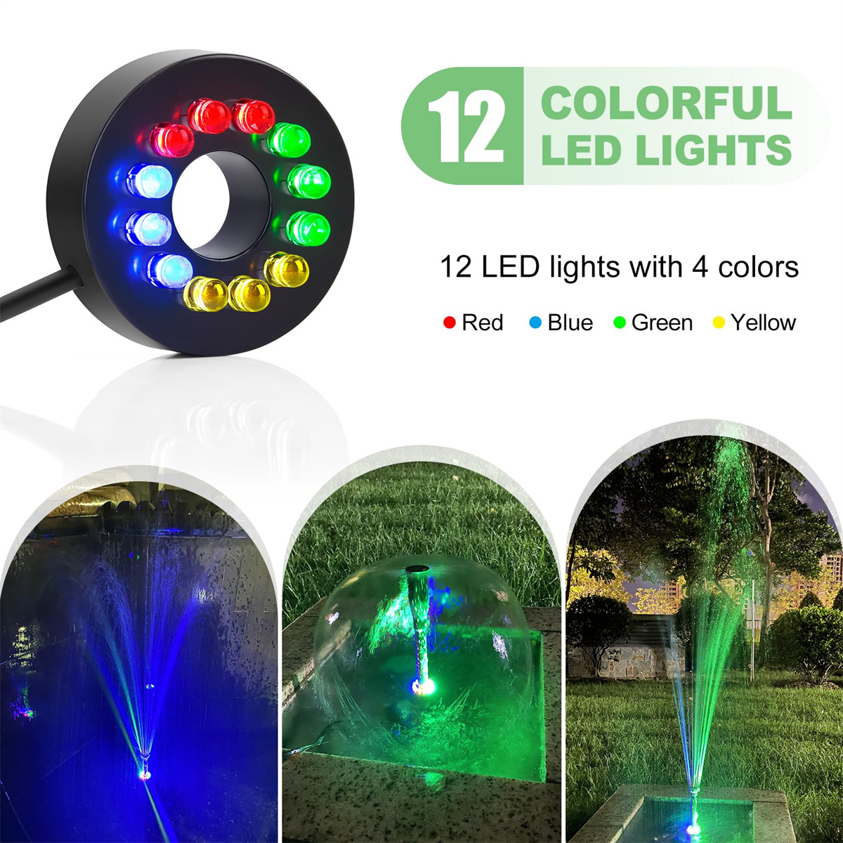 Ein Wasserbrunnen mit 12 bunten LED-Leuchten. Die Lichter sind rot, blau, grün und gelb.