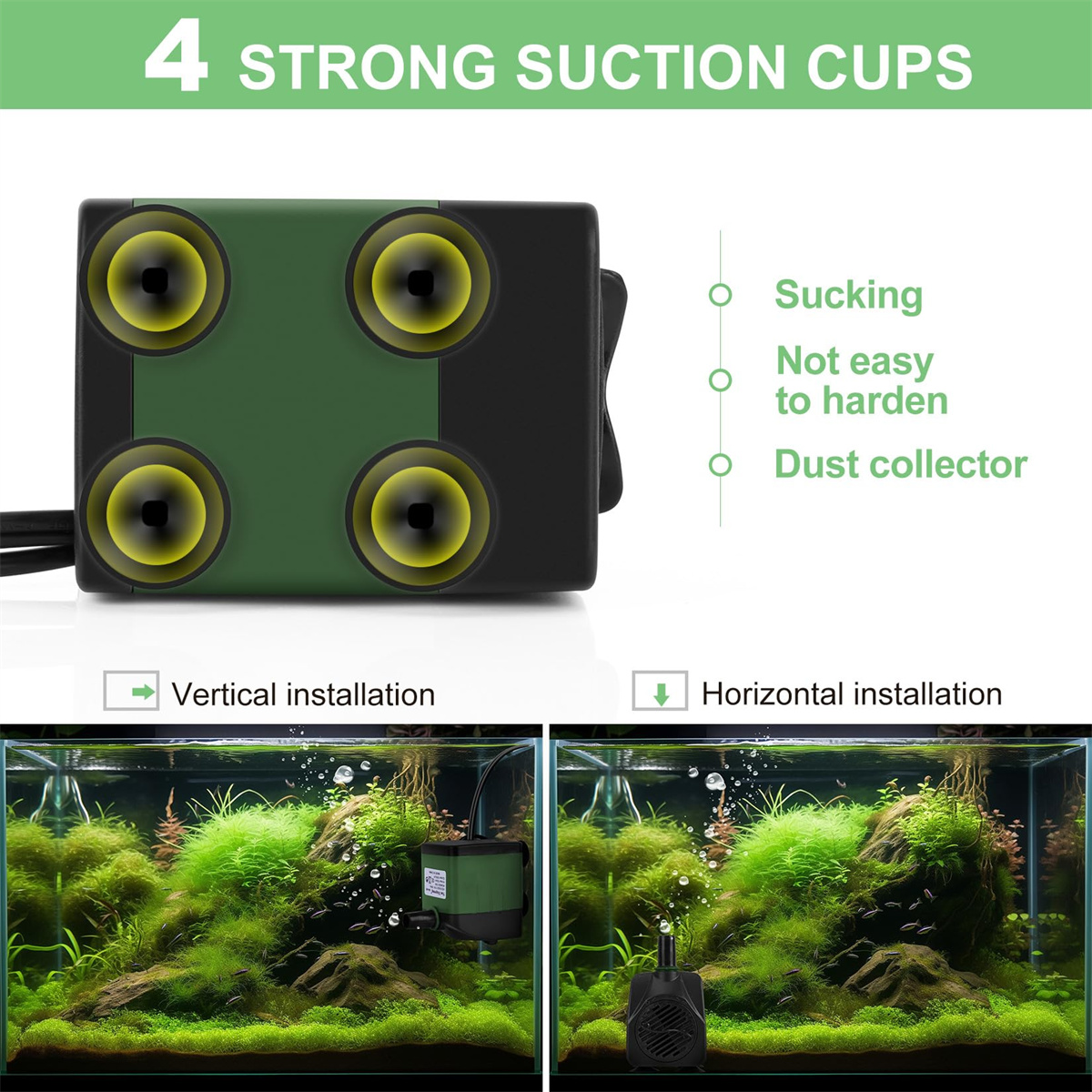 Eine Pumpe mit Saugnäpfen, mit Beispielen für vertikale und horizontale Installation. Die Pumpe ist grün und schwarz.
