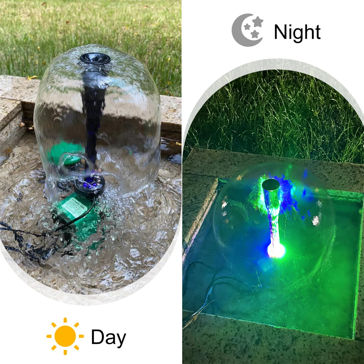 Wasserfontäne mit Tages- und Nachtansichten. Die Nachtansicht zeigt einen leuchtenden Brunnen mit blauem und grünem Licht.