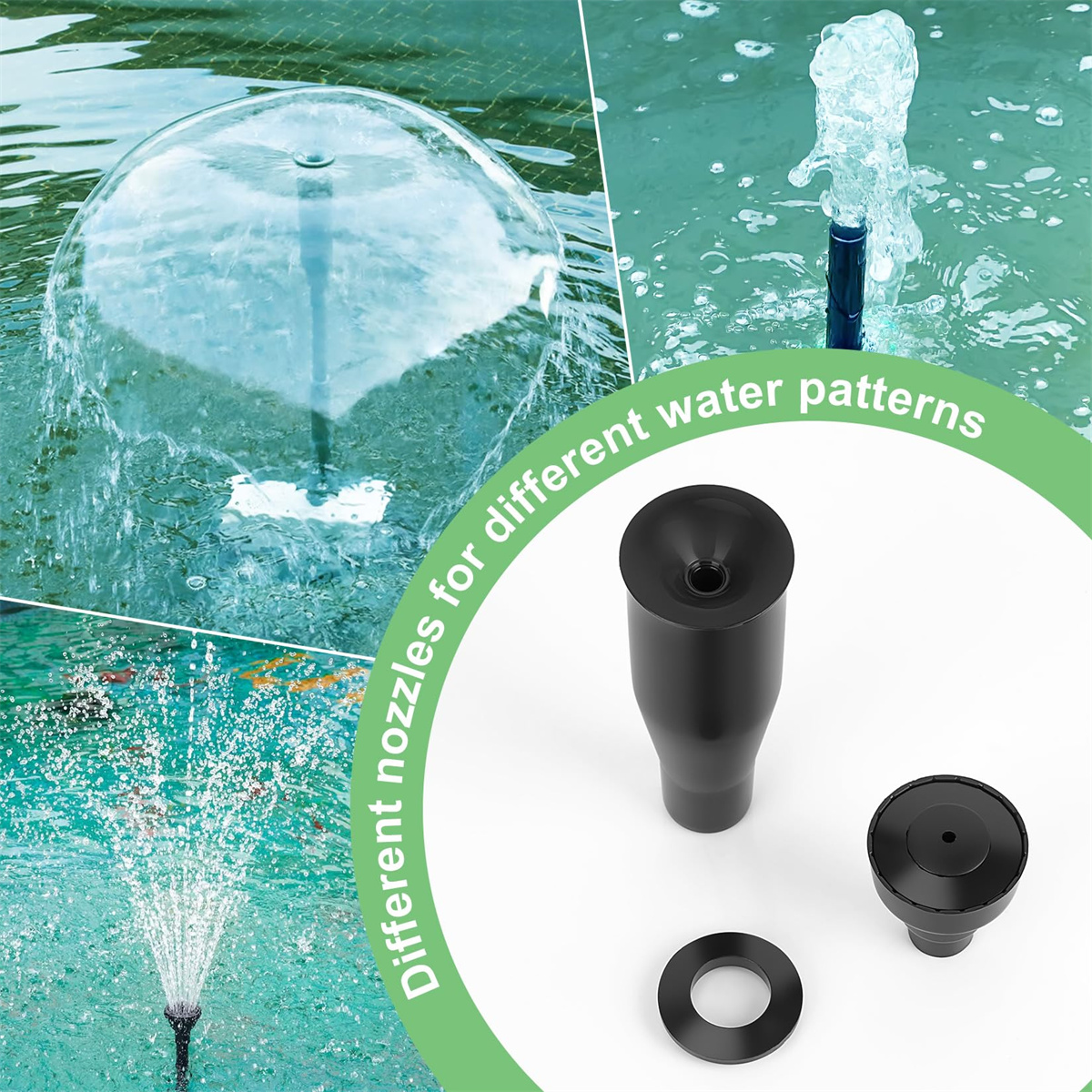 Wasserfontäne mit verschiedenen Düsen, die unterschiedliche Wassermuster erzeugen. Schwarze Düsen sind sichtbar.