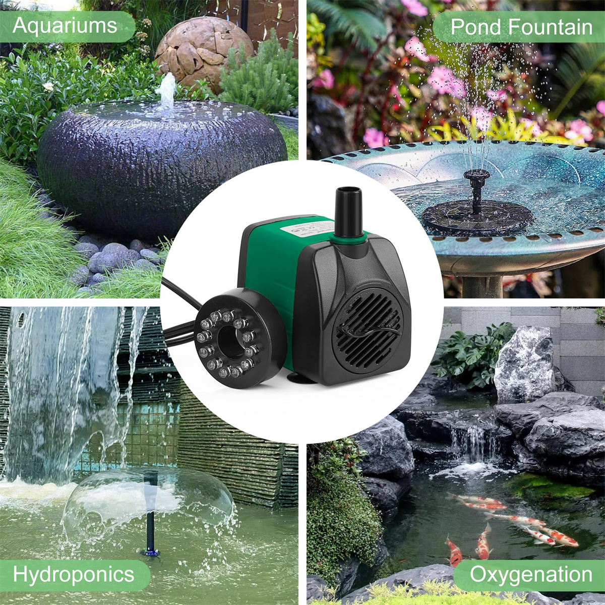 Verschiedene Springbrunnenarten. Mitte: eine Wasserpumpe. Andere Szenen zeigen Springbrunnen in Aquarien, Teichen und Hydrokulturen.