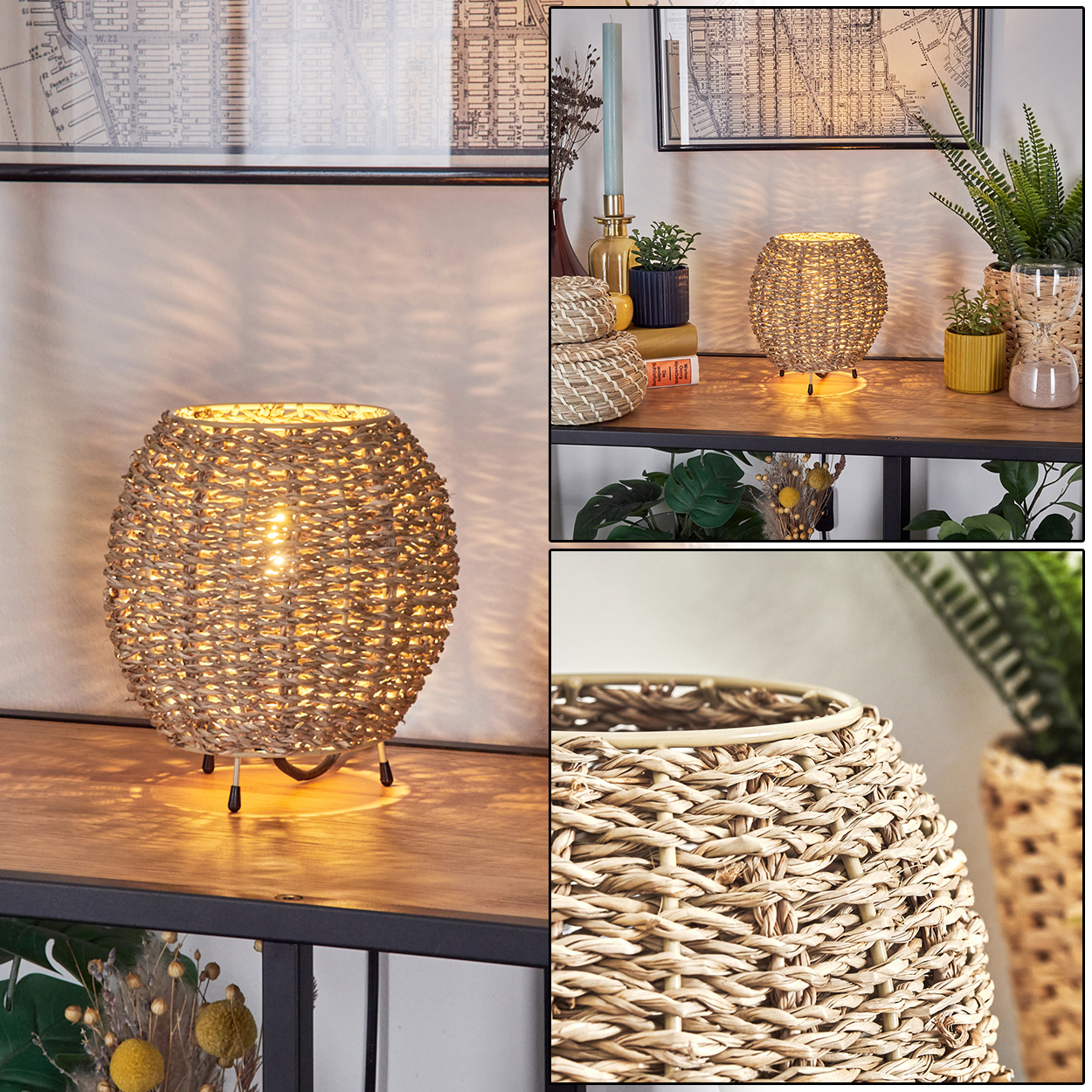 Gewebte Lampe auf einem Tisch, von innen beleuchtet. Weitere Artikel sind eine Topfpflanze, Bücher und dekorative Elemente.