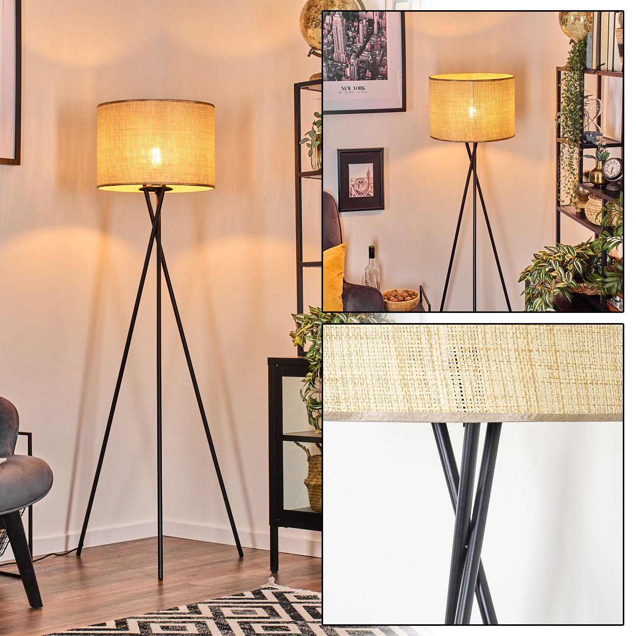 Innenszene mit schwarzer Stativ-Stehlampe, beigem Schirm, Pflanzen und New York Bild.