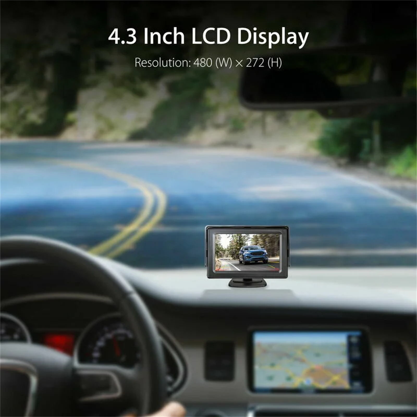 4,3 Zoll LCD-Display, das die Rückansicht eines Autos zeigt. Das Display befindet sich in einem Auto.