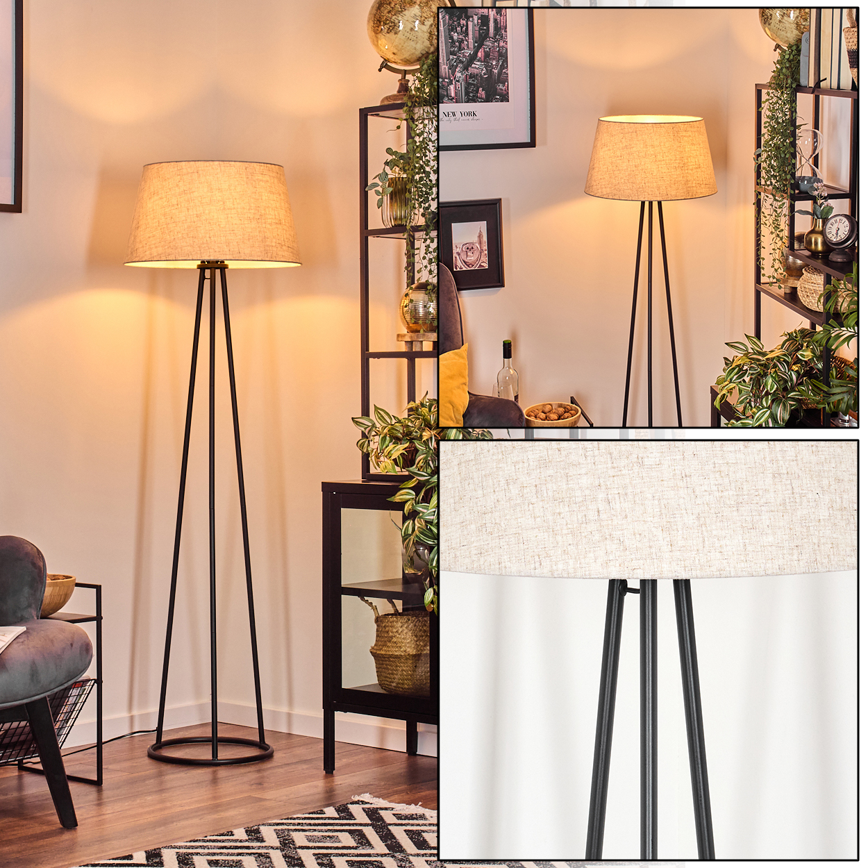 Stehlampe mit beigem Lampenschirm und schwarzen Beinen, in einem Wohnzimmer mit Pflanzen und Regal.