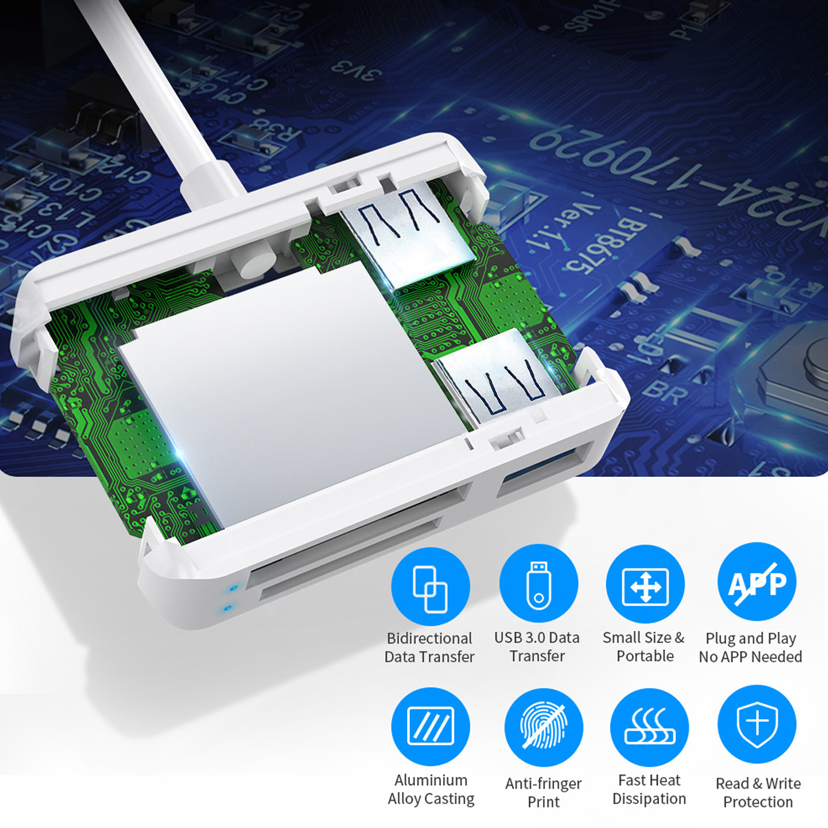 Weißes USB-Datenübertragungsgerät mit mehreren Steckplätzen und Symbolen für Datenübertragungsfunktionen.