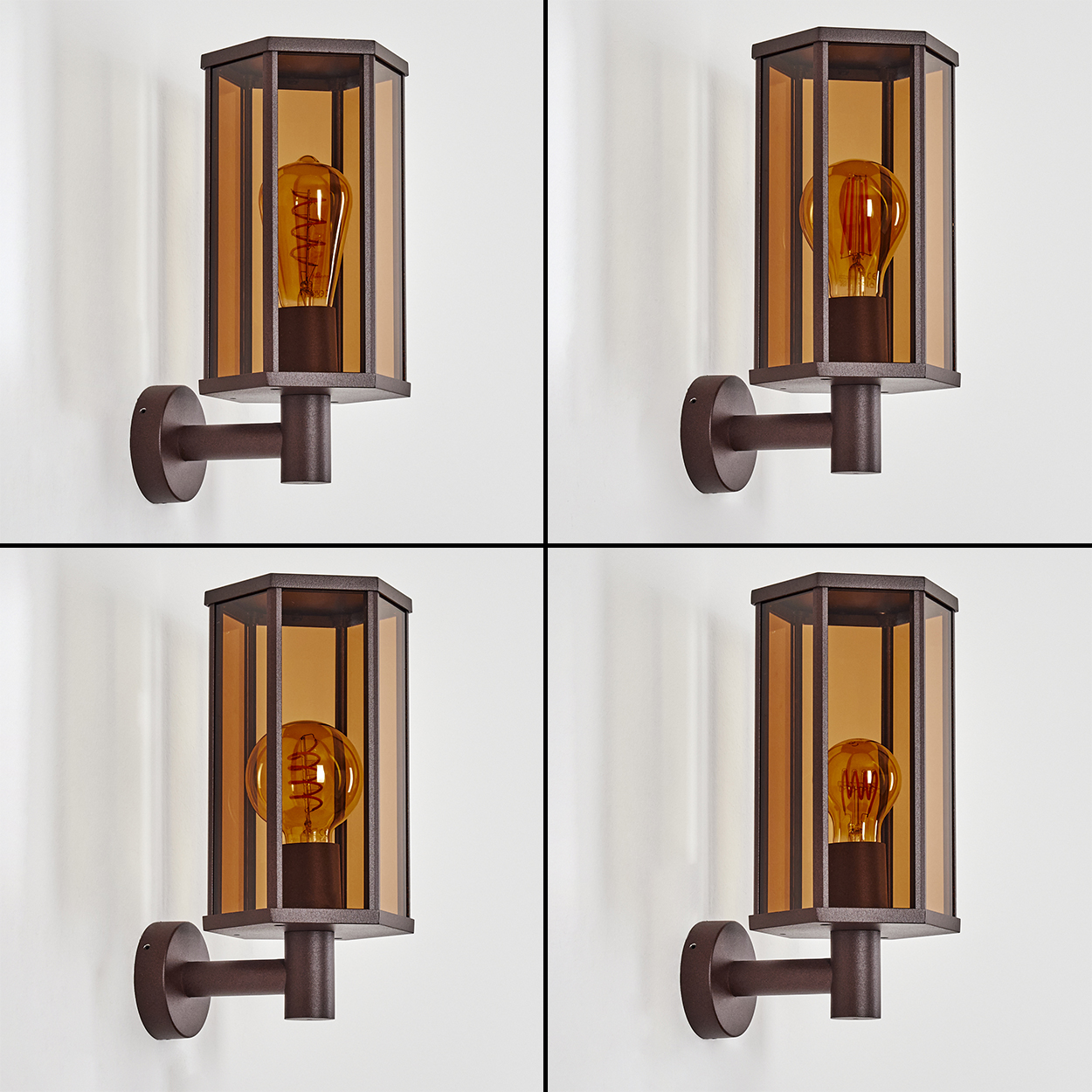 Vier Bilder von braunen Außenwandleuchten mit klarem Glas und Vintage-Edison-Glühbirnen. Jedes aus einem anderen Winkel.