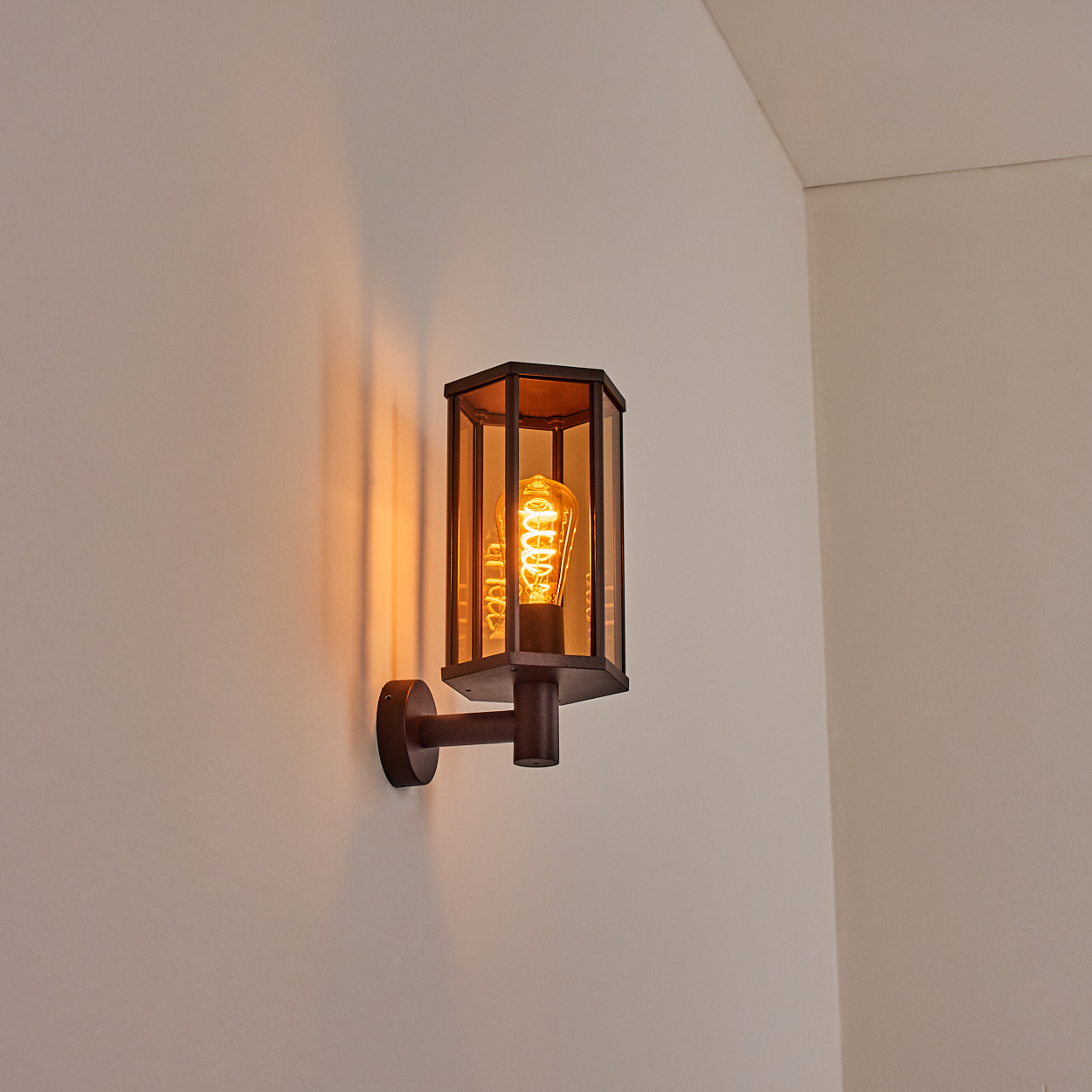 Braune Außenwandleuchte mit klarem Glas, einer Vintage-Edison-Glühbirne und an einer Wand montiert.