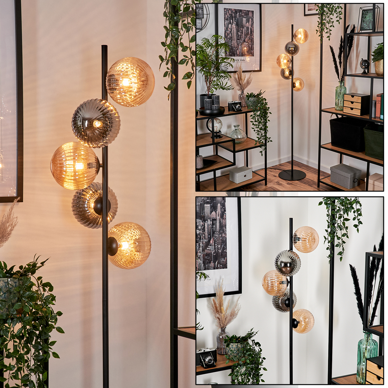 Interieur mit zwei Stehlampen, schwarzen Metallrahmen, mehreren Glaskugelleuchten, Pflanzen und Dekorationsartikeln.