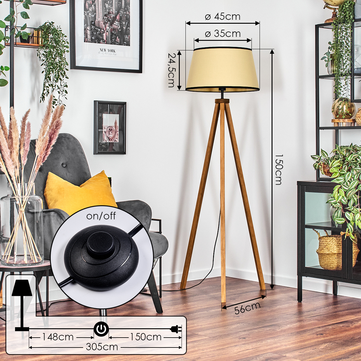 Wohnzimmer mit Stehlampe, Sessel und Beistelltisch. Die Lampe hat einen beigen Schirm.